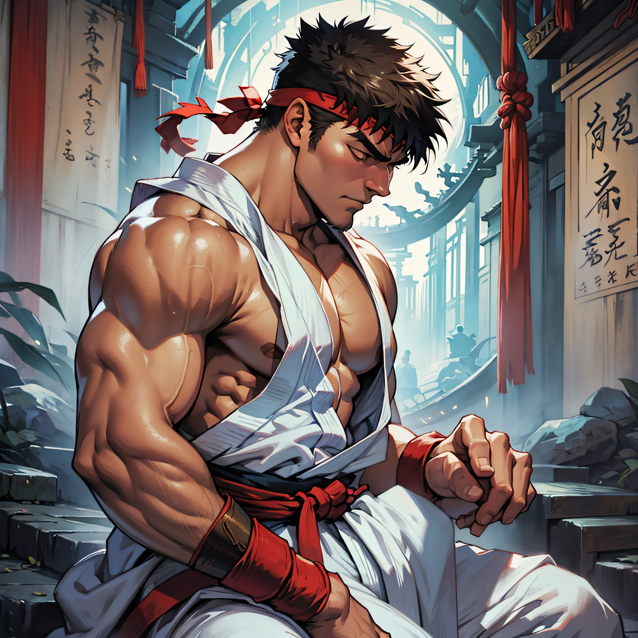 Ryu from Street Fighter meditating in a temple, dark environment --auto --s2