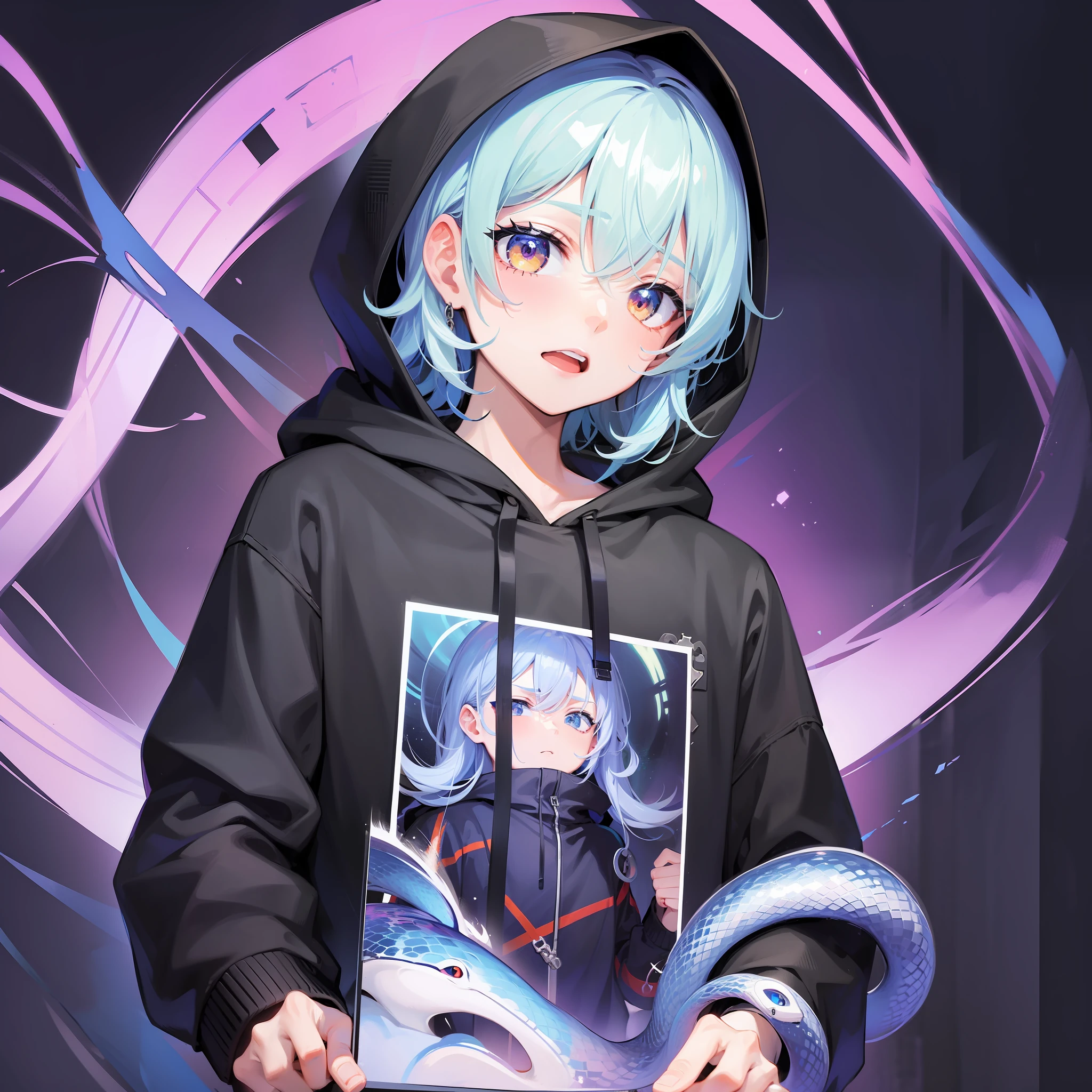 Boy in hoodie with index finger to mouth, facing camera, upper body, snake sticker, key anime art, projectile on broken digital art, anime art wallpaper 8K, anime style 4K, badass anime 8K