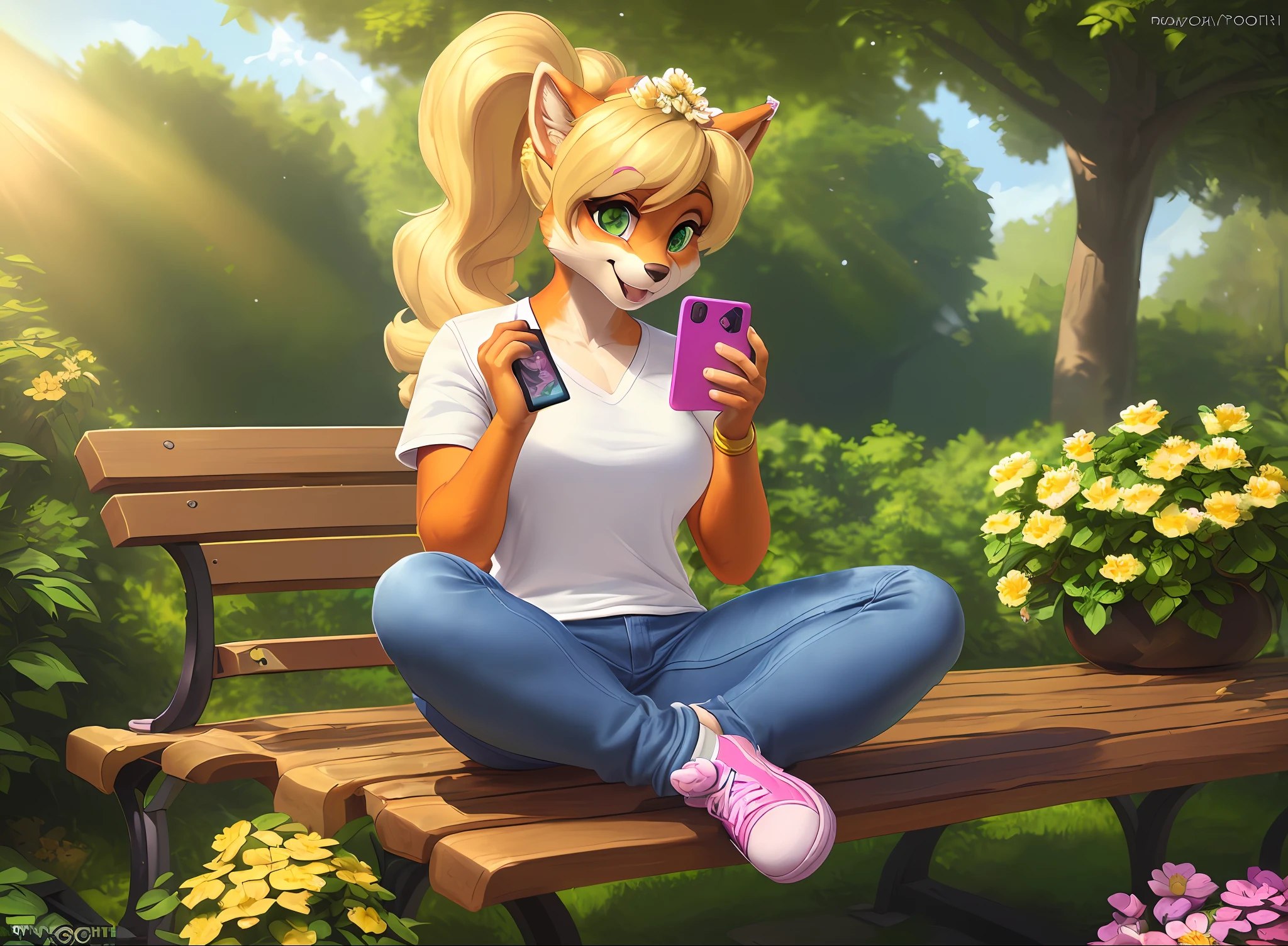 [coco bandicoot], [Uploaded to e621.net; (Foxovh), (Pixelsketcher), (mayosplash), (blulesnsfw)], ((masterpiece)), ((solo full body portrait)), ((furry; anthro)), ((simple fur)), ((raytracing)), ((detailed shading)), ((beautiful render art)), {(anthro; orange fur, blonde hair, curly ponytail, curly bang), (surprised green eyes; pink eye shadow), (excited expression; cute smile), ((white shirt; yellow flower in center), blue jeans, pink sneakers, single pink flower in on ear}, (sitting on bench; pink phone in hand, crisscross), [background; park, trees, sun rays through leaves]