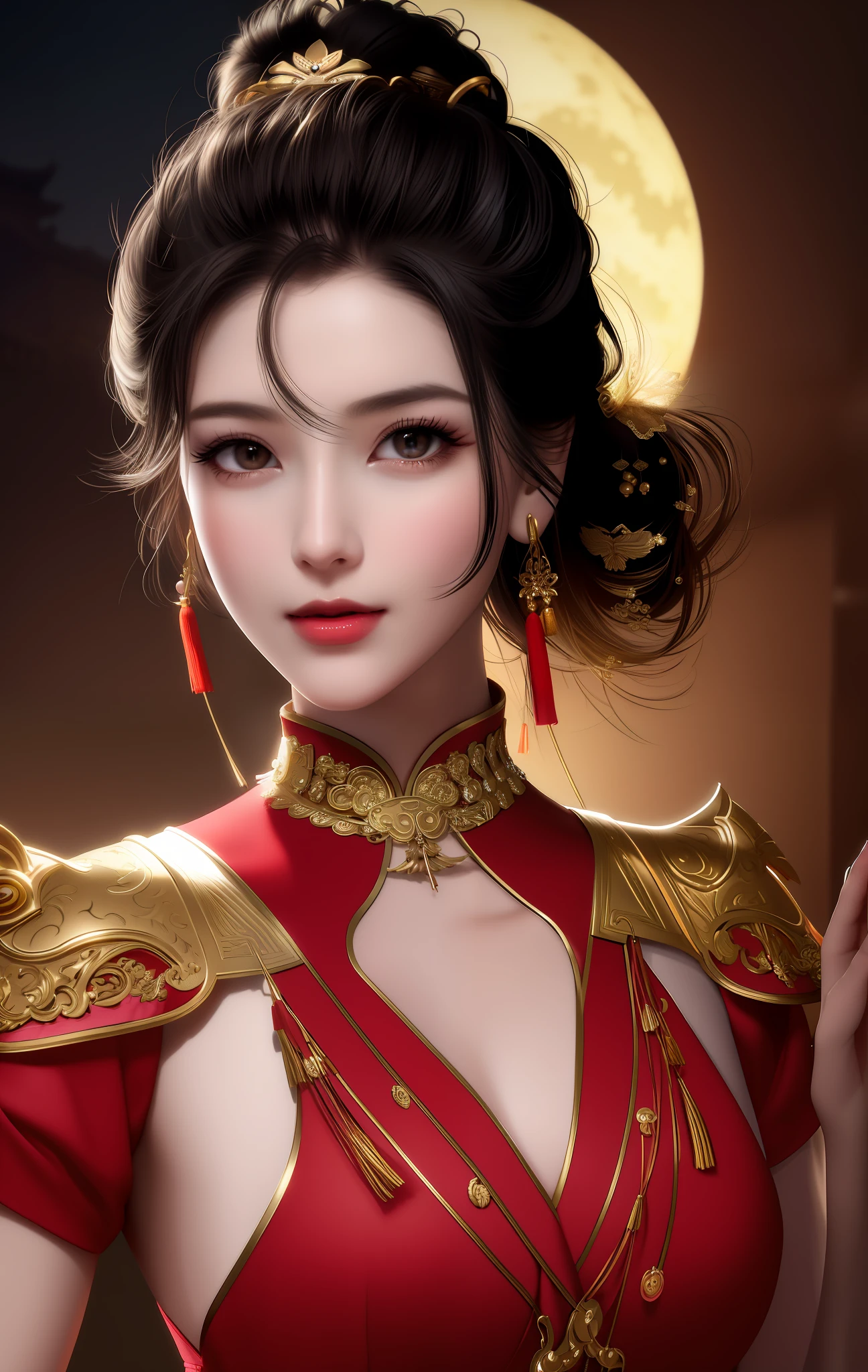 Best, masterpiece, upper body, night, full moon, 1 female, mature woman, Chinese style, ancient porcelain, older sister, royal sister, smile, black hair, high ponytail, curly hair, hairpin, light pink lips, calm, intellectual, brown eyes, tassels , Gold Thread, Beads, Armor, Shroud Silk Dress, Delicate Face, Facial Closeup, Hands Closeup, Red Dress, Beautiful Face, Realistic, Rim Lighting, Duotone Lighting, (High Detail Skin: 1.2), 8k uhd, dslr, soft light, high quality, volumetric light, photo, high resolution, 4k, 8k, bokeh