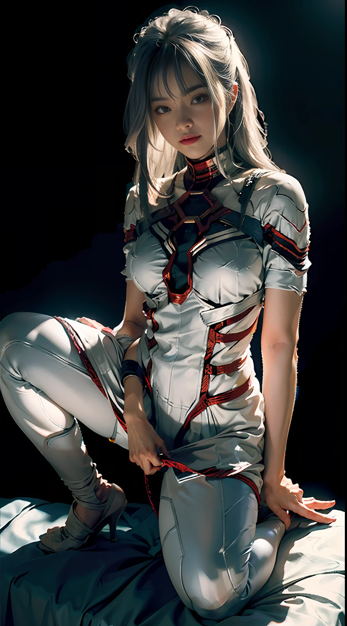 (Extreme Detail CG Unity 8K wallpaper, masterpiece, high quality), (Exquisite lighting and shadow, highly dramatic image, cinematic lens effect), a girl in a white Spider-Man costume, silver gray hair color, from the parallel universe of Spider-Man, Wenger, Marvel, Spider-Man, sitting on the couch, dynamic pose), (excellent detail, excellent lighting, wide angle), (excellent rendering, enough to stand out in its class), focus on white Spider-Man costumes, complex spider textures