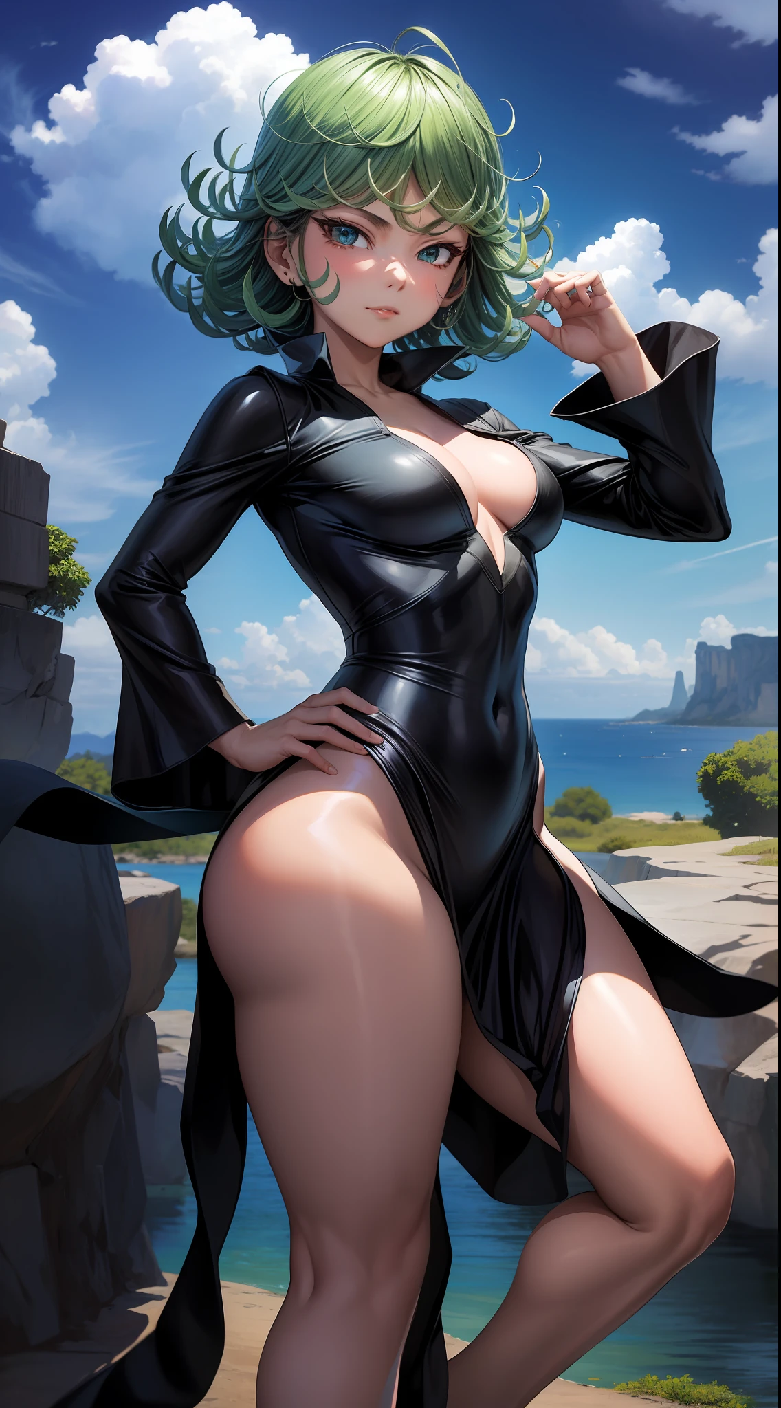 (masterpiece, best quality:1.2), cowboy shot, solo, 1girl, tatsumaki, lustful, closed mouth, looking at the viewer, ass, wide hips, black dress, blue sky, clouds, erotica