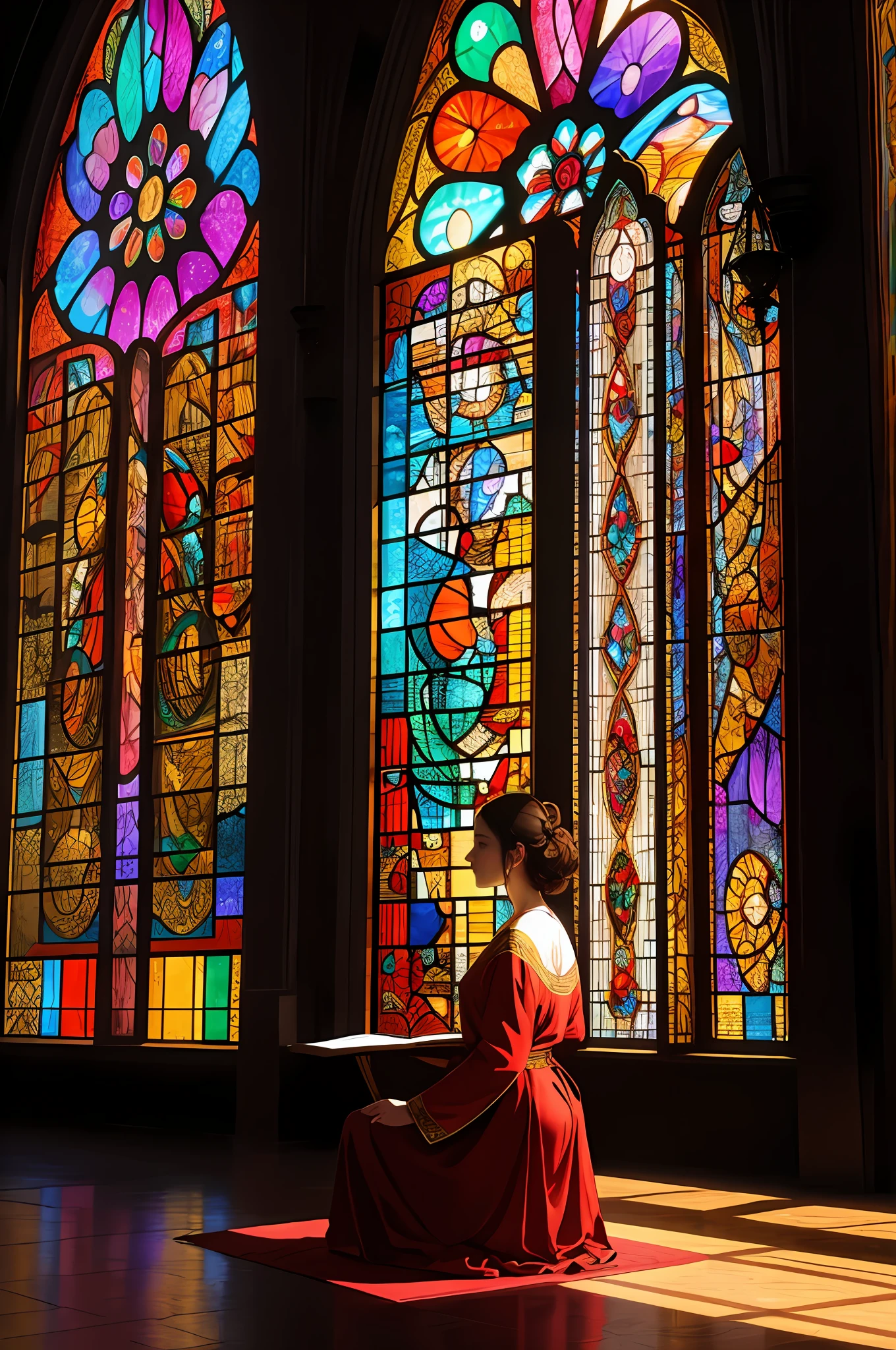(Masterpiece, Best Quality, Best Quality, Official Art, Beautiful and Aesthetic: 1.2), (Woman in her 40s kneeling in prayer: 1.3), 1 FEMALE BREAK STAINED GLASS ART, COLORED GLASS, LEAD LINES, LIGHT TRANSMITTANCE BREAK Vivid colors, intricate design, luminous effects, spiritual atmosphere, very detailed faces, clear hands, (scenes that look very small from a distance), bright light on the face