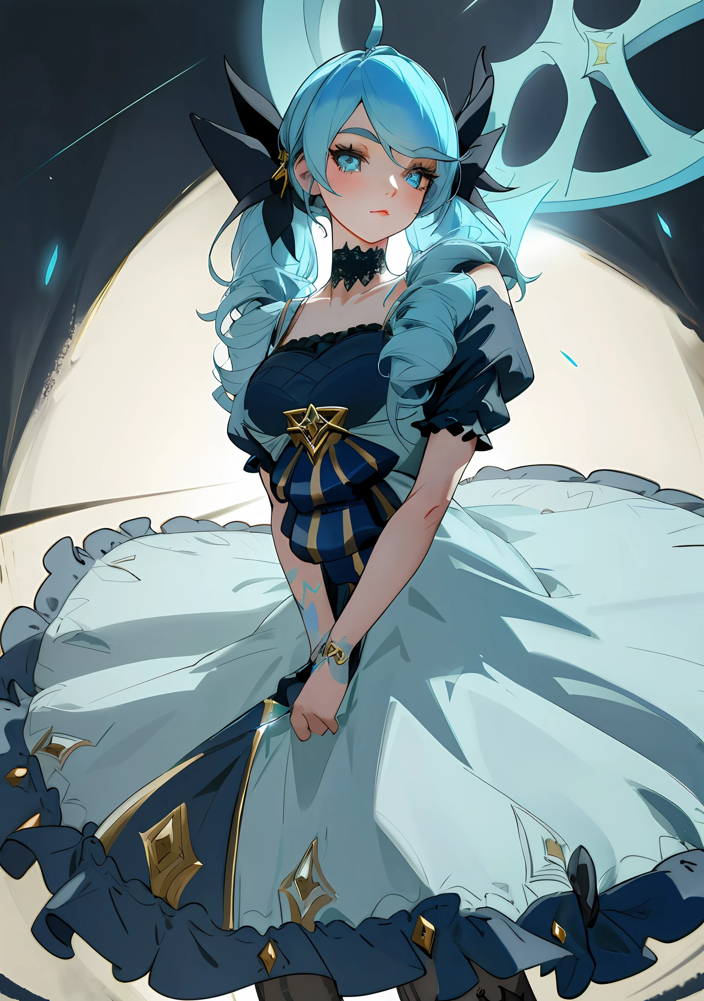 Elevation view, grey leggings at skirt, extremely beautiful, glowing skin, studio light, 8k, (Super detailed skin details: 1.3), super detailed eyes, huge lace, gorgeous decoration, ta skirt decoration, cute Gwen wearing a blue double-tailed wig, wearing a Victorian style blue and black Loliress with a gorgeous tailor-made bow, wearing black thigh-exposed stockings with stitching, her pupils are button-shaped, emitting a blue halo, and her weapon is a huge crystal scissors that emits a light blue light.