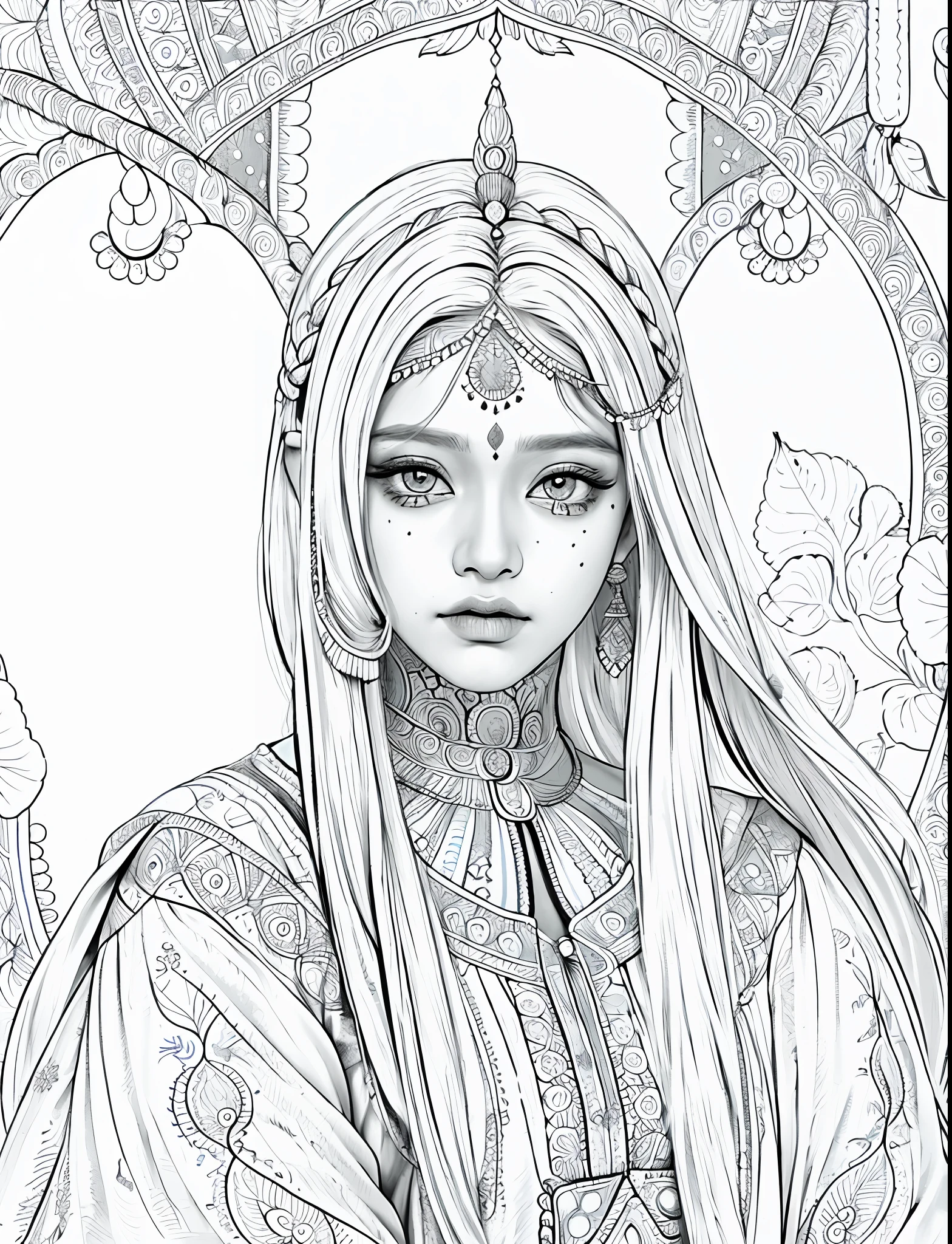 1girl (adult woman:1.2) indian face, indian women, indian makeup, (very_long_hair, white_hair:1.3) (portrait:1.3) ganster (coloring book, masterpiece, realistic:1.3), (extremely intricate:1.2), (sketch, doodles, monochrome, lineart:1.2)