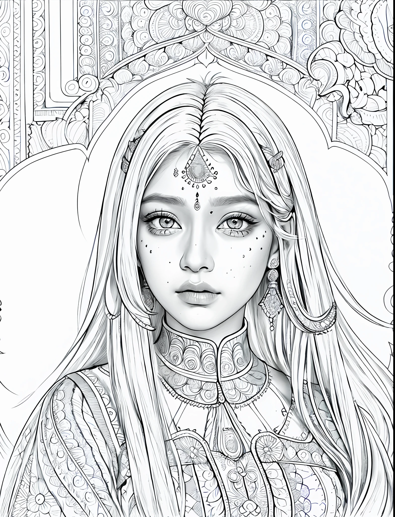 1girl (adult woman:1.2) indian face, indian women, indian makeup, (very_long_hair, white_hair:1.3) (portrait:1.3) ganster (coloring book, masterpiece, realistic:1.3), (extremely intricate:1.2), (sketch, doodles, monochrome, lineart:1.2)