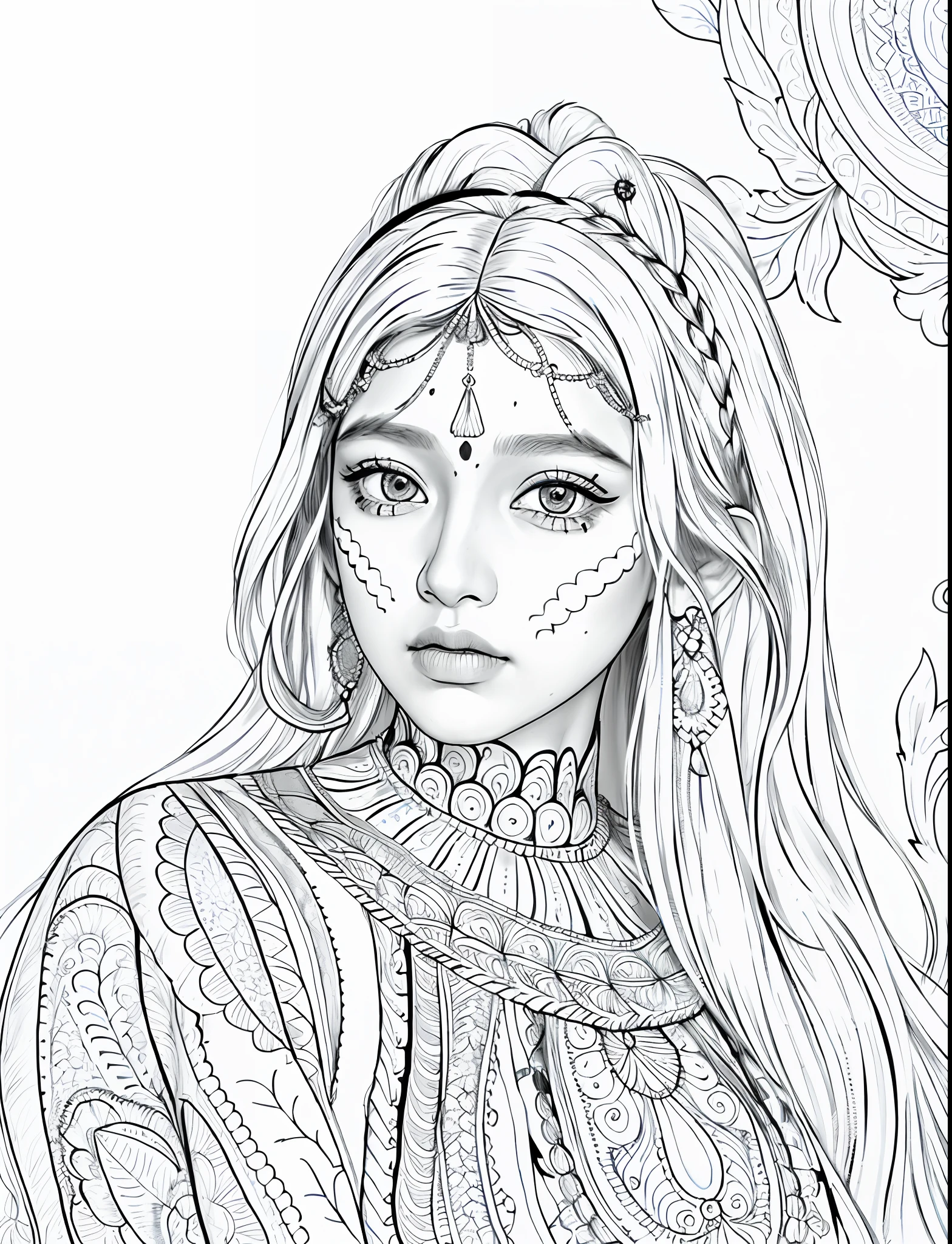 1girl (adult woman:1.2) indian face, indian women, indian makeup, (very_long_hair, white_hair:1.3) (portrait:1.3)  ganster (coloring book, masterpiece, realistic:1.3), (extremely intricate:1.2), (sketch, doodles, monochrome, lineart:1.2)