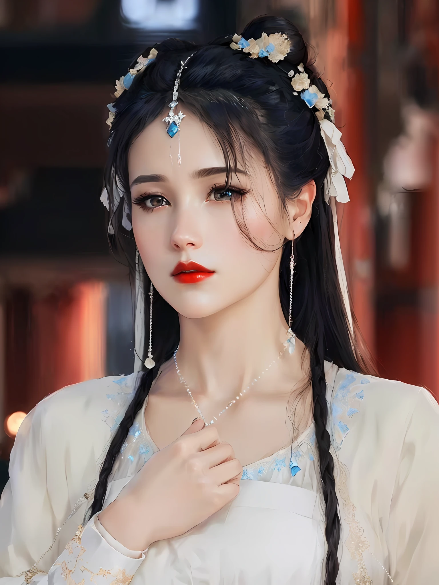 Masterpiece, best quality, (very detailed CG Unity 8k wallpaper), (best quality), (best illustration), (best shadow), beautiful woman, period costume, gauze skirt, bun, sadness, red lips