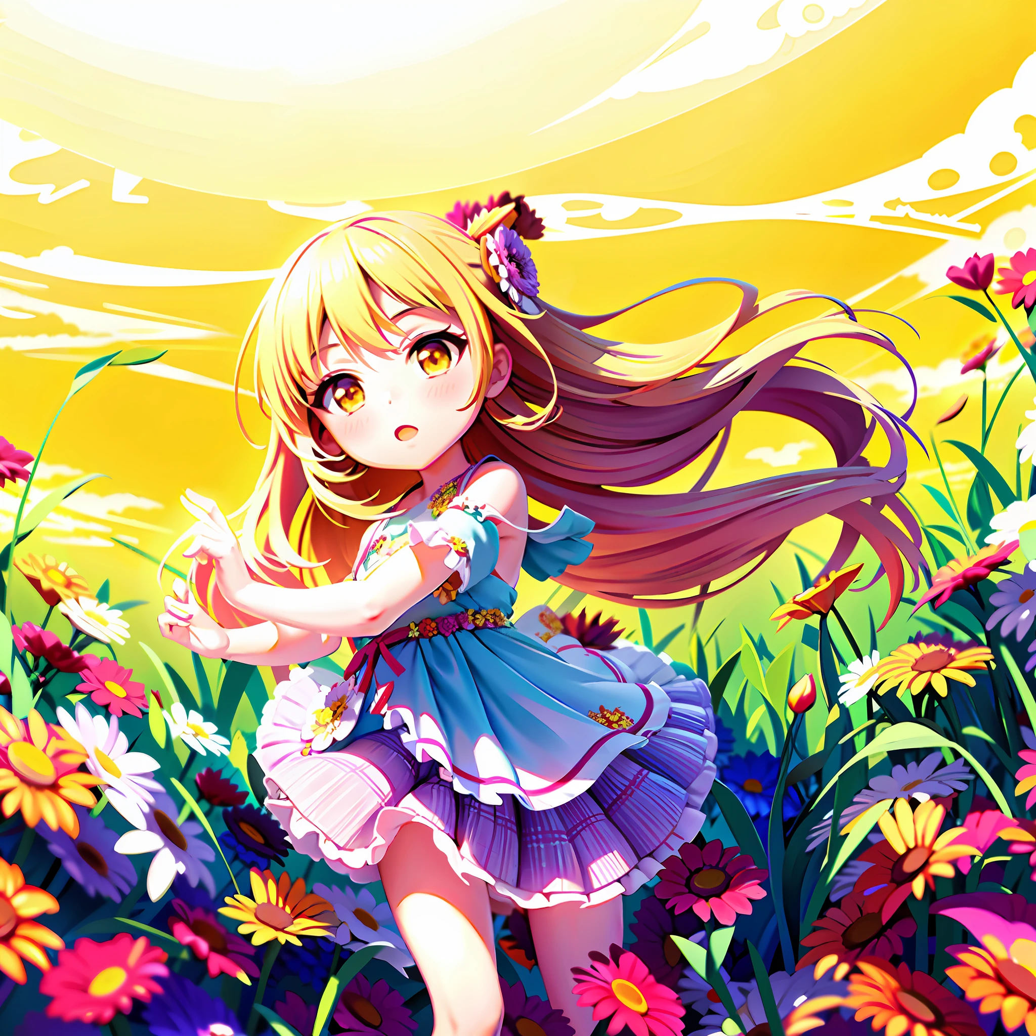 anime, girl, flowers, long hair, dress, sun, flowers, anime, anime, girl, long hair, dress, sun, flowers, flowers, sun, flowers,, trending on artstation pixiv, in a field of flowers, girl dancing in a flower field, digital art on pixiv, anime visual of a cute girl, standing in a flower field