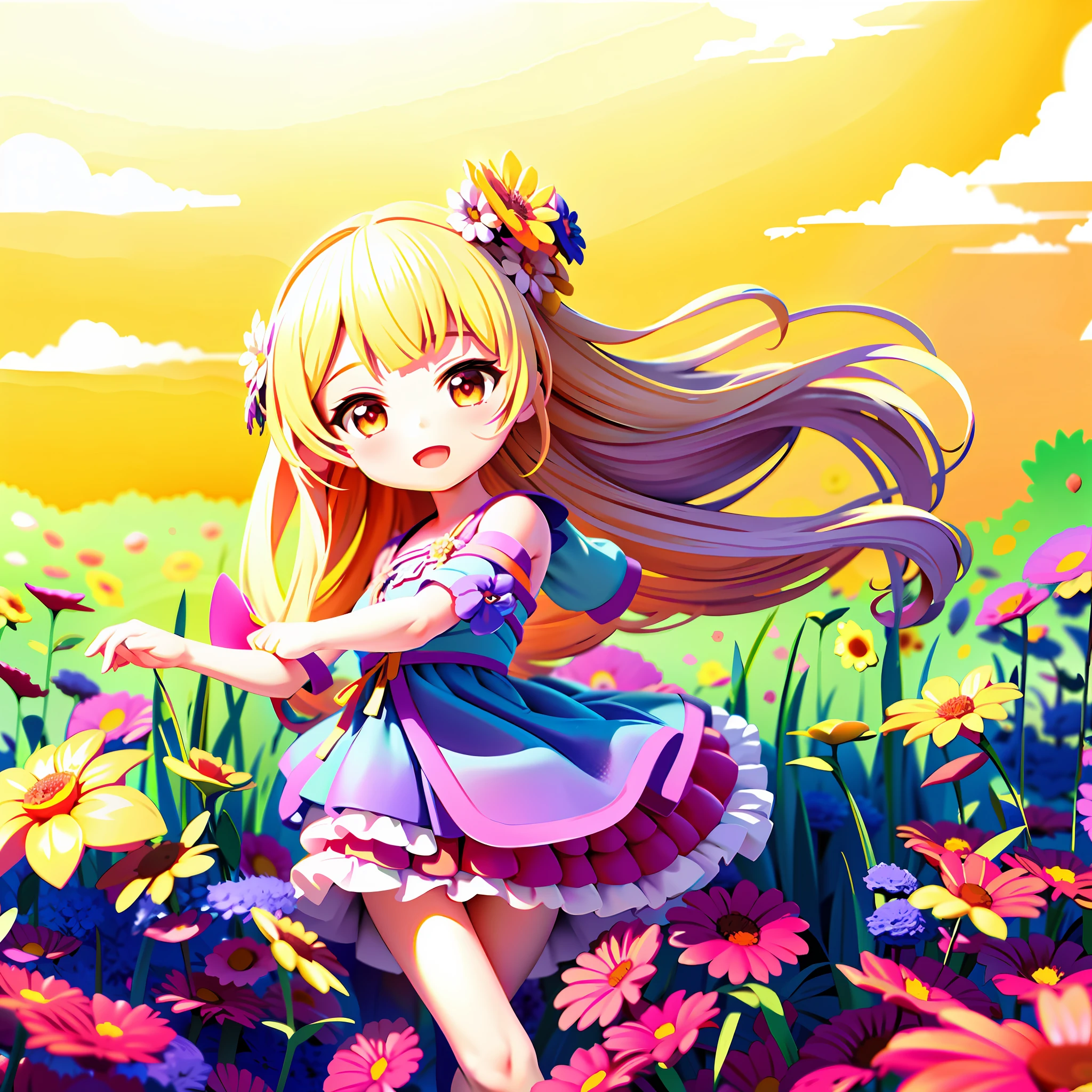 anime, girl, flowers, long hair, dress, sun, flowers, anime, anime, girl, long hair, dress, sun, flowers, flowers, sun, flowers,, trending on artstation pixiv, in a field of flowers, girl dancing in a flower field, digital art on pixiv, anime visual of a cute girl, standing in a flower field