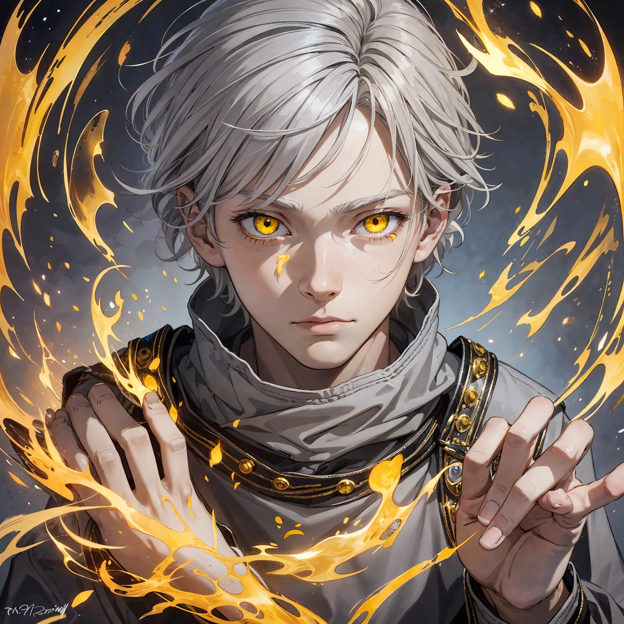 Drawing, fantasy, realism, high detail, solo guy (detailing), ((with light gray hair)) (hair detailing), ((yellow frightened eyes)), (face detailing), (clothing detailing), hands covered with fire (hand detailing), absorbs fire (fire detailing), 8kk --auto --s2