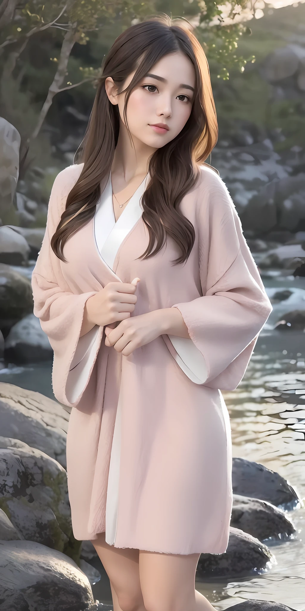 1 girl walking on the river, mix 4, sweater, pillow, lips, open mouth, realistic, photo_\(medium\), solo, stuffed animal, stuffed toy, teddy bear, (masterpiece), (photorealistic: 1.3), ultra detailed, (high detail) skin: 1.2), (best quality: 1.0), (ultra high definition: 1.0), (Orchan-6500: 0.3), wavy detailed hair, long hair, sunset light, (beautiful detailed makeup), (sexual arousal, blush, rough breathing: 1.0), flower themed petals, studded (soft glove room: 0.5), kyoto, onsen, yukata