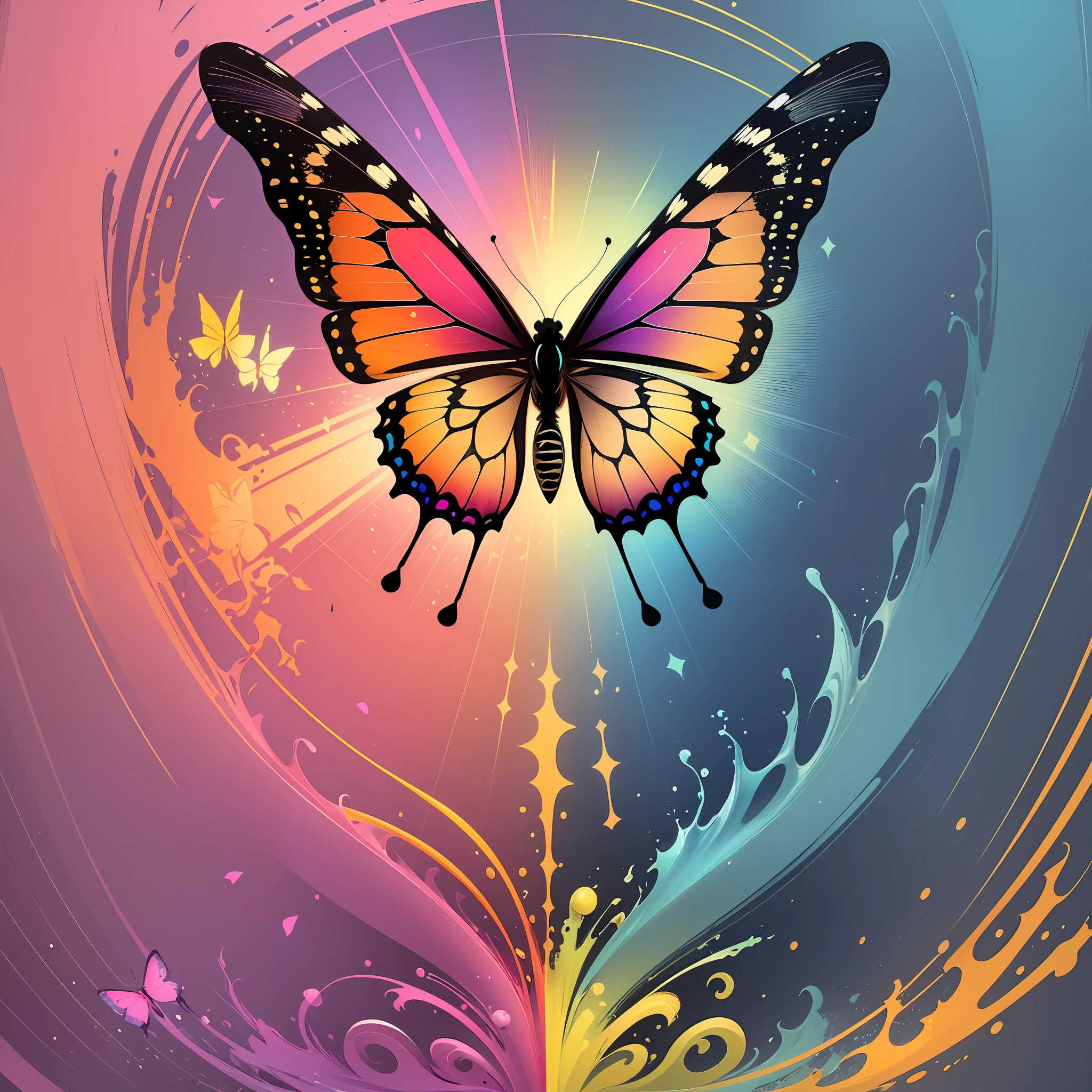 An emblematic logo of a butterfly of vibrant colors, water elements, simple design, vector art, minimal --auto --s2