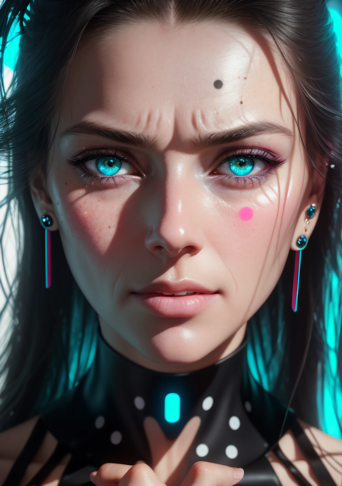 mature woman, long hair, medium close up , (pain), symmetric, front view, pink color, blue eyes, (half mouth open:1.2), tears, sigh, drooling, smiling, seductive, perfect face, wet skin, (black simple dot earrings:1.2), black leather collar, (hot spring, full cyan neon lights:1.2), looking at viewer, (dynamic angle:1.2), (rule of third_composition:1.2), (detailed face:1.2), (detailed eyes:1.2), (detailed background), (realistic:1.2), (realism), (masterpiece:1.2), (ultra detailed), (best quality), intricate, cinematic lighting, comprehensive cinematic, portrait photography, magical photography, (gradients), colorful, detailed landscape, visual key, shiny skin, elemental energy