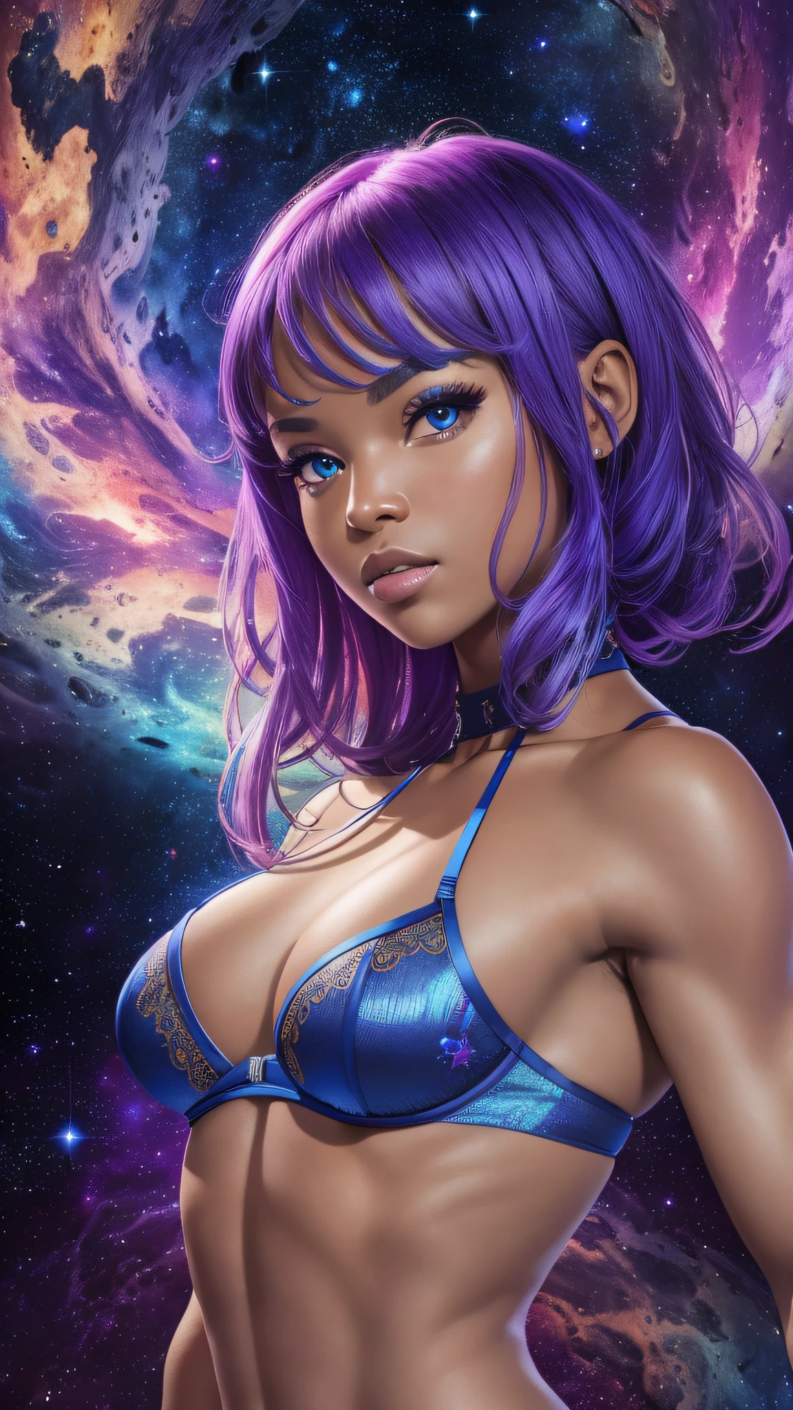 mini\(ttp\), (8k, RAW photo, best quality, masterpiece:1.2), cosmos background, colorful background, clean background, depth of field, sexy blue-skinned alien female flexing, warrior full body, sexy lingerie, close-up shot, posing sideways