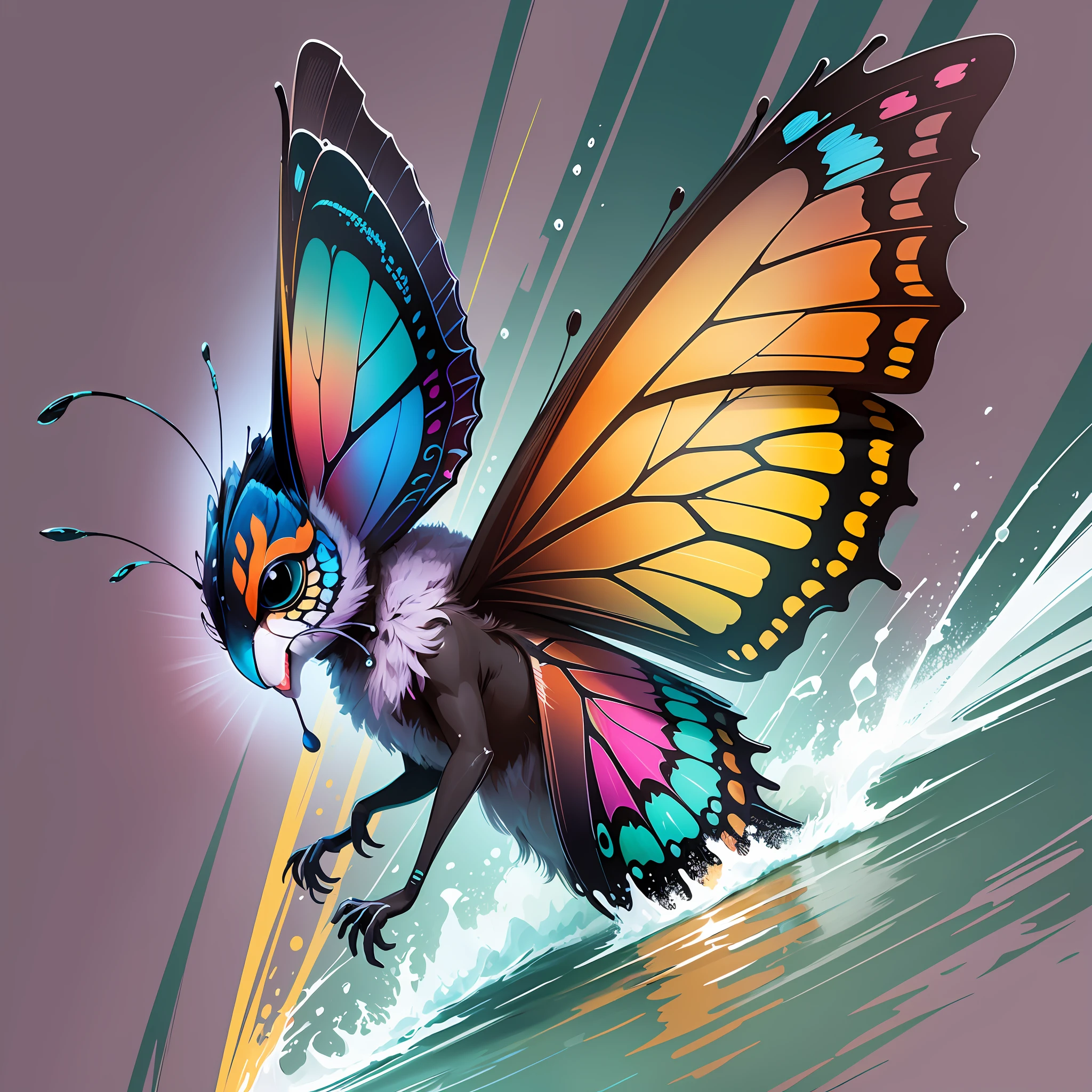 An emblematic logo of a butterfly of vibrant colors, water elements, simple design, vector art, minimal --auto --s2