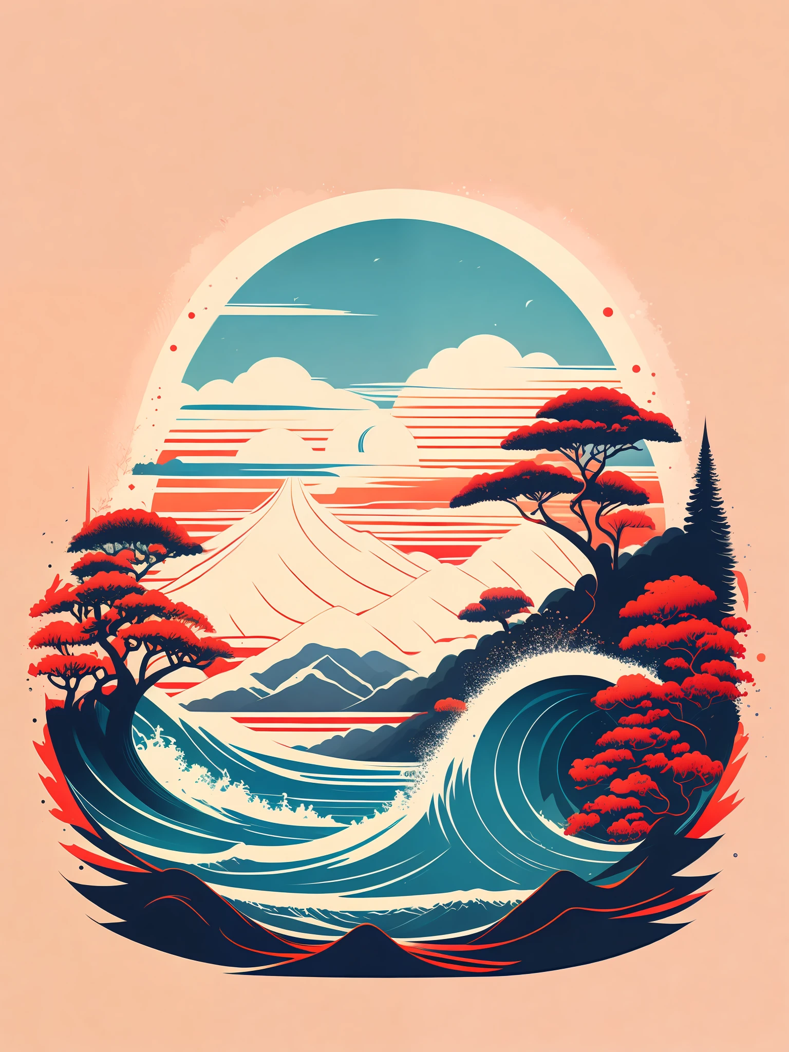 wave of kanazawa landscape, tshirt design, rzminjourney, vector-art