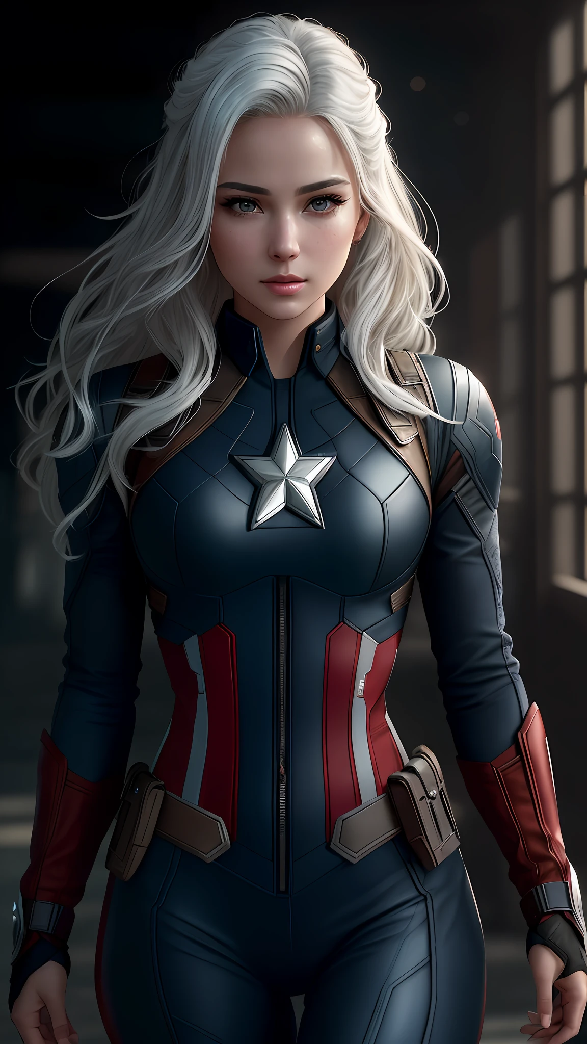 (RAW,, Nikon Z 14mm ultra wide angle lens, award-winning glamorous photography, ((best quality)), ((masterpiece)), ((realistic)), skin pores, subsurface scattering, radiant light rays, high-res, detailed facial features, high detail, sharp, smooth, aesthetic, extremely detailed focus, (extremely detailed eyes, extremely detailed iris), extremely detailed hair, extremely detailed skin, extremely detailed clothing, octane rendering, photorealistic, realistic, post-processing, maximum detail, realistic shadows, roughness, natural skin texture, real life, ultra-realistic, photorealism, photography, 8k UHD, photography, hdr, intricate, elegant, highly detailed, sharp focus, impressive, gorgeous, gorgeous), Beautiful and realistic 18-year-old girl as Captain America of Marvel, makeup, full body visible, white hair, realistic skin, photorealistic, athletic body, realistic, cinematic photo, (8k CG unit wallpaper extremely detailed), trend in ArtStation, trend in CGSociety, High details, Sharp focus, dramatic, beautiful background, full footage, high quality, (beautiful face), (detailed face), detailed hands, beautiful hands