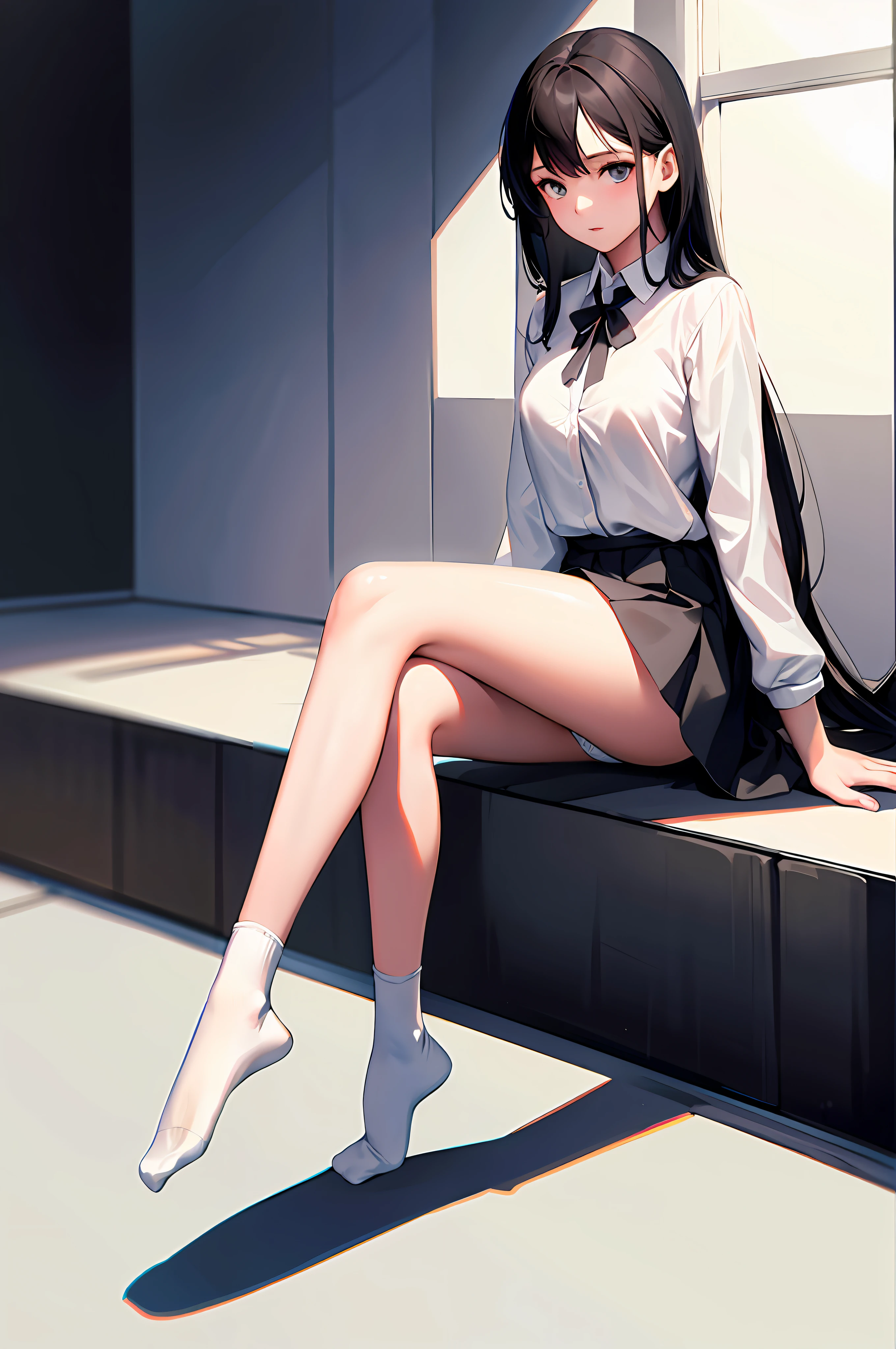 (masterpiece, top quality), 1 girl, (photorealistic: 1.4), solo, white background, black hair, long hair, socks sole, absolute area, skirt, ((full body)), underwear sheer,