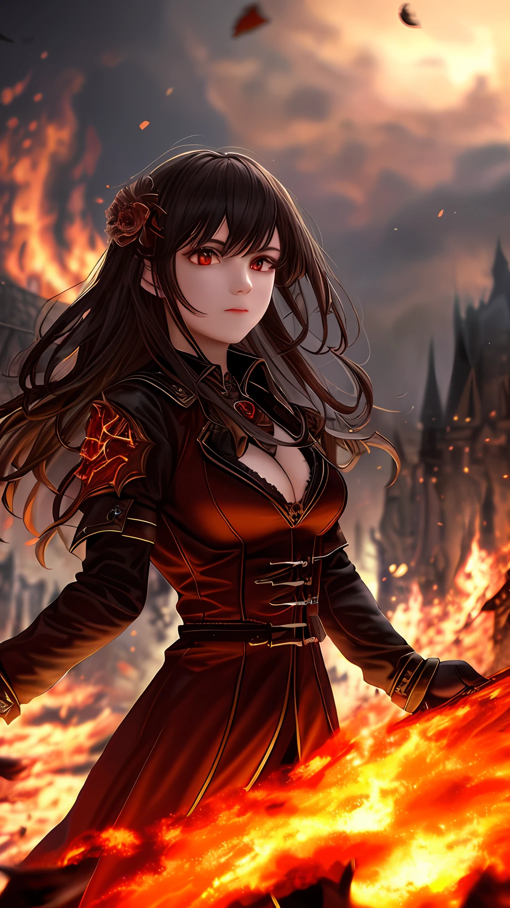 (Very detailed 8k wallpaper) +, an average photo of a sexy vampire summoning flames in a burning and destroyed village, dark style, complex, high detail, dramatic, masterpiece of the highest quality, realistic, detailed, 8k, HDR, backlit, blooming, light fire, chromatic aberration, light focus, UHD