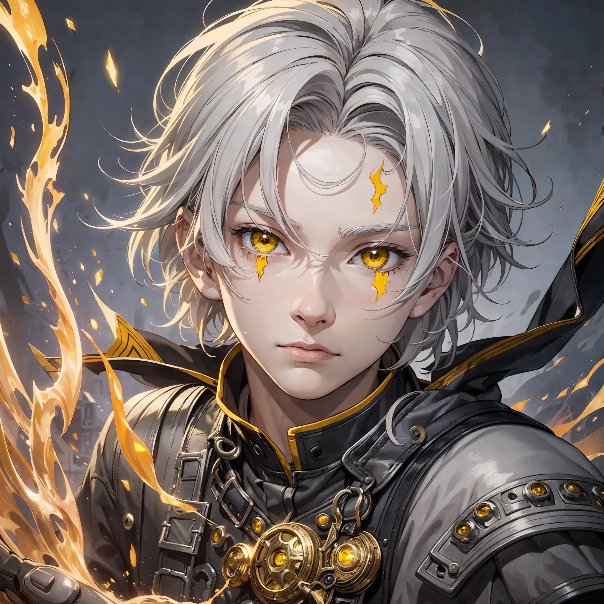 Drawing, fantasy, realism, high detail, solo guy 13 years old (detailing), ((with light gray hair)) (hair detailing), ((yellow frightened eyes)), (face detailing), (clothing detailing), hands covered with fire (hand detailing), absorbs fire (fire detailing), 8kk --auto --s2