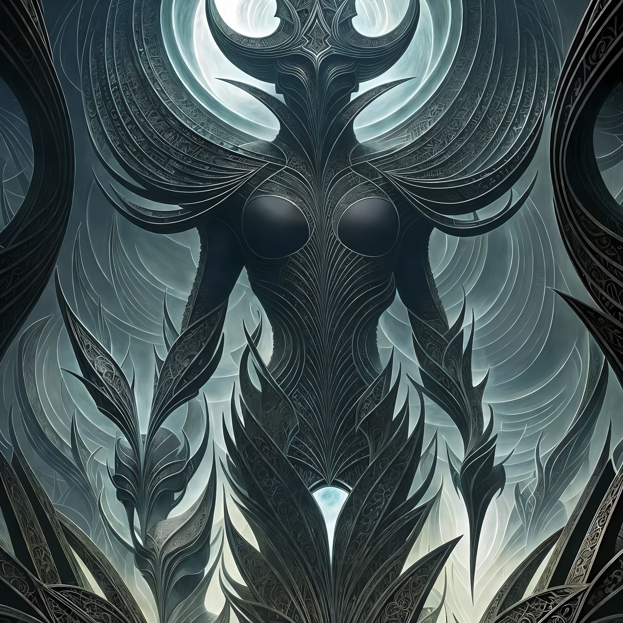 An association of parabolic biomechanical satanic humanoid Gods whos bodies are made from the entire cosmos are gathered together in contemplation of the whole of all, style HR Giger and Dan Seagrave, intricate iridescent patterns and details, horror art, dark colors