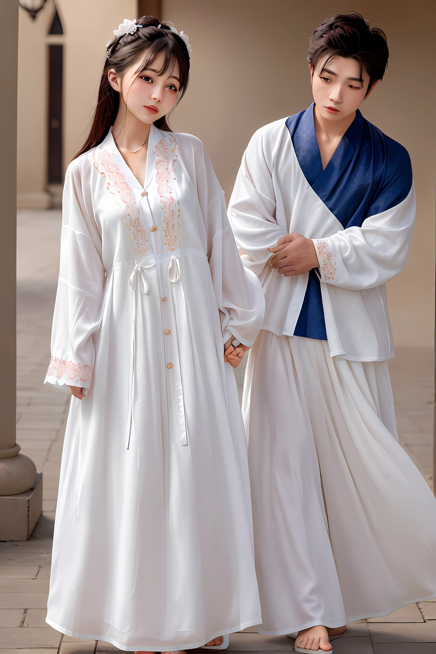 A man and a woman hugged, the girl was wearing openwork pajamas, her clothes were not covered, her cheeks were flushed, and there was milky white liquid on her legs