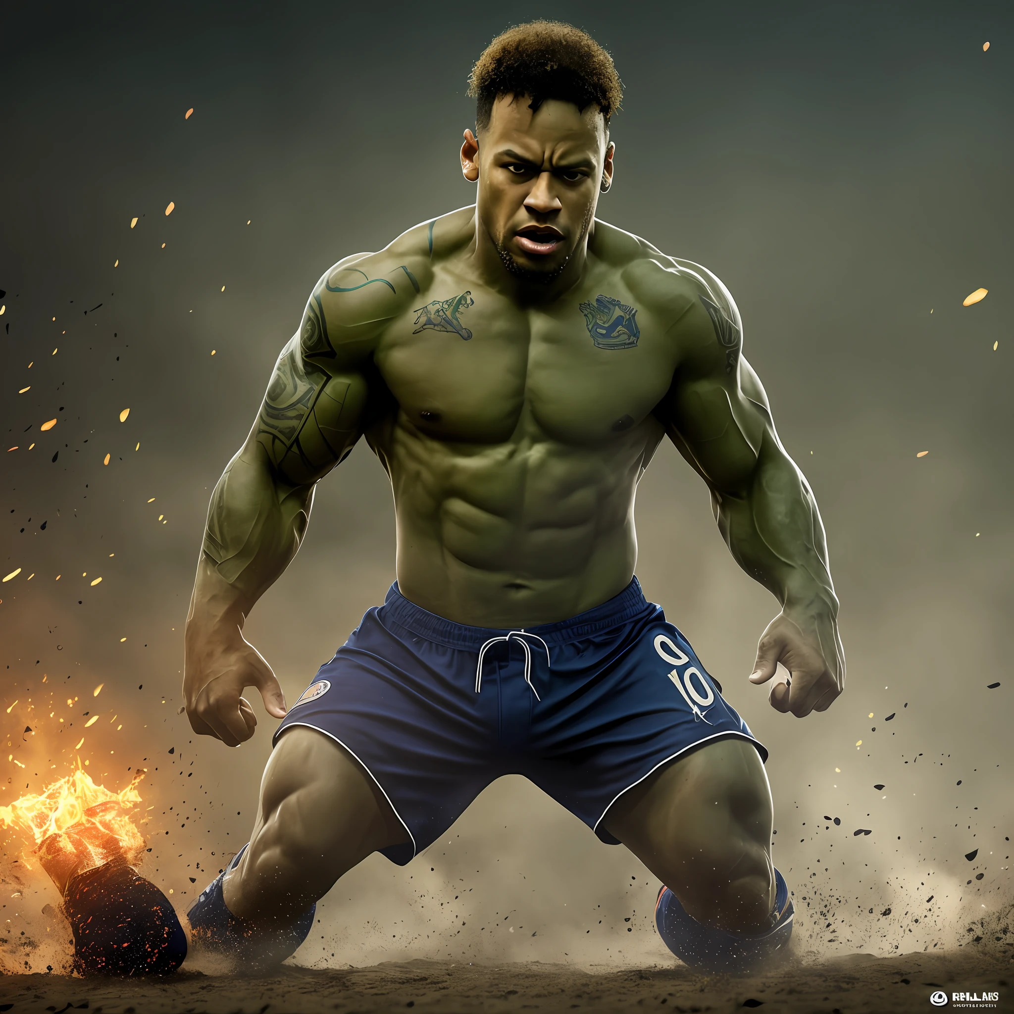 Ultra realistic photo of Neymar Jr with the appearance of a Hulk, full body, furious, with soft lighting and delicate details, cinematic capture in 16K to suit the trend of Octane and Artstation. --auto --s2