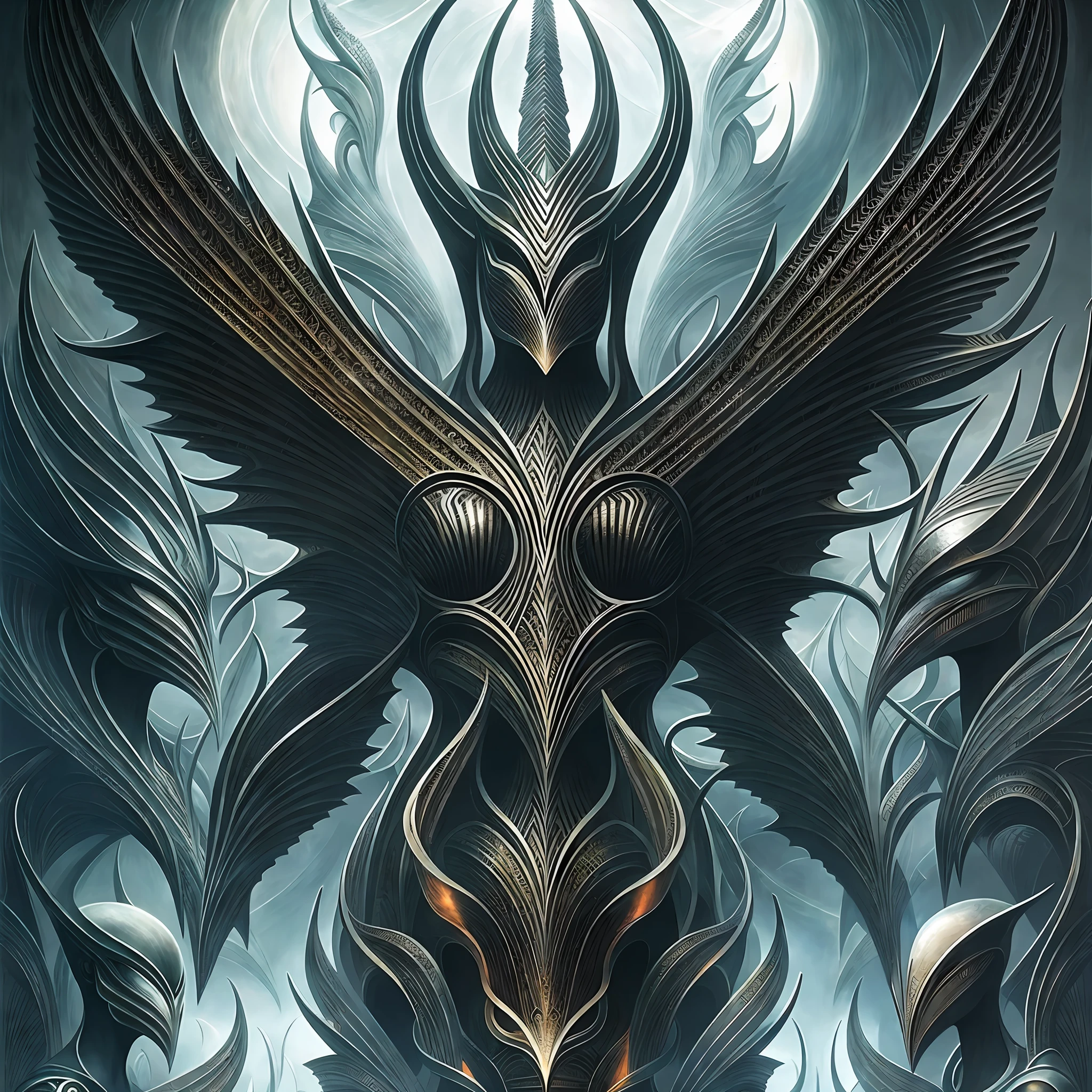 An association of parabolic biomechanical satanic humanoid Gods whos bodies are made from the entire cosmos are gathered together in contemplation of the whole of all, style HR Giger and Dan Seagrave, intricate iridescent patterns and details, horror art, dark colors