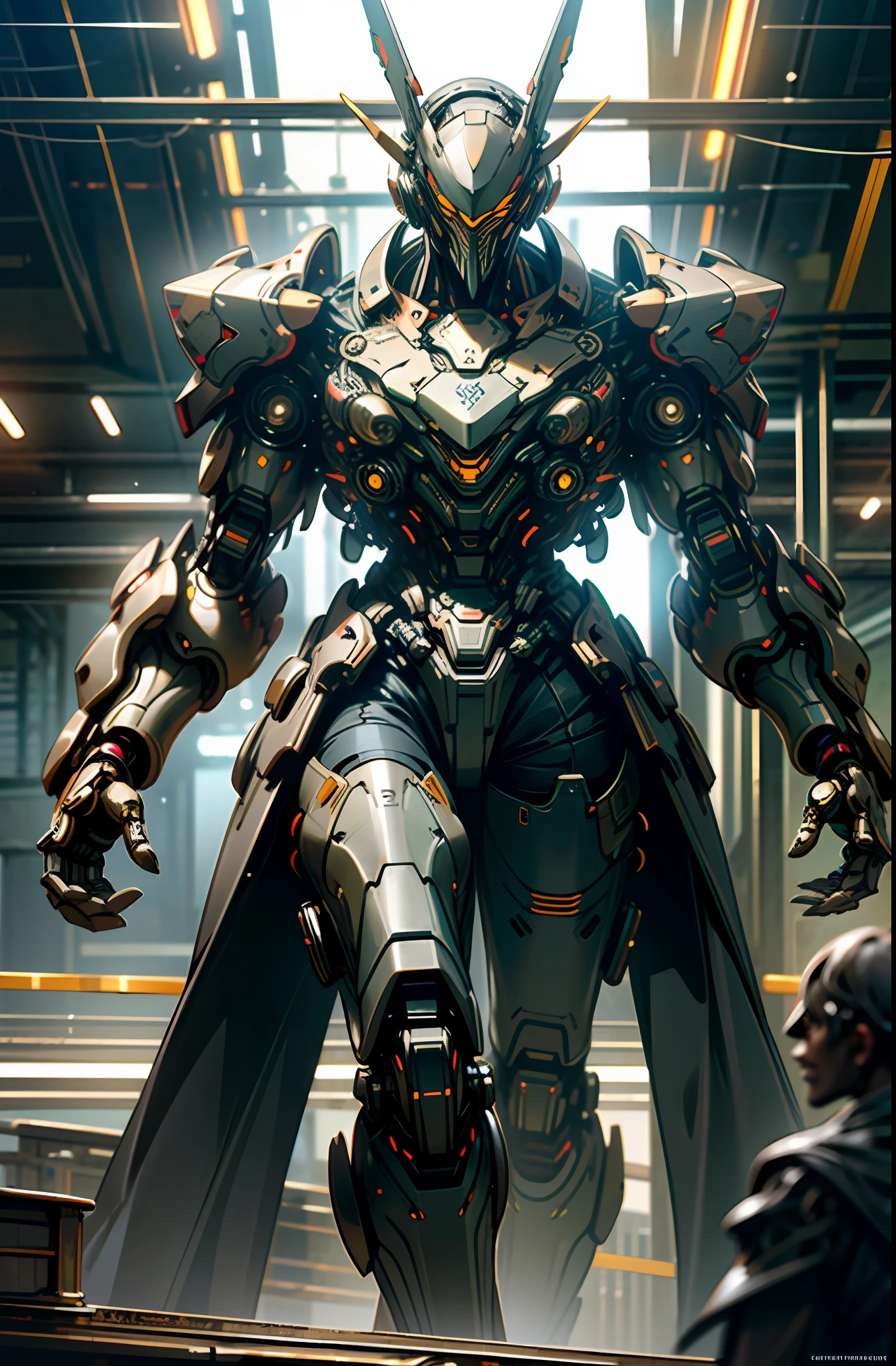 Dark_Fantasy, Cyberpunk, (Fri: 1.1), Mechanical Wonders, Giant Robotic Presence, Cybernetic Guardians, Complex, (Steel Metal [Rusty]), Elegant and Clear Focus, Soft Lighting, Vibrant Colors, Masterpieces, Mecha