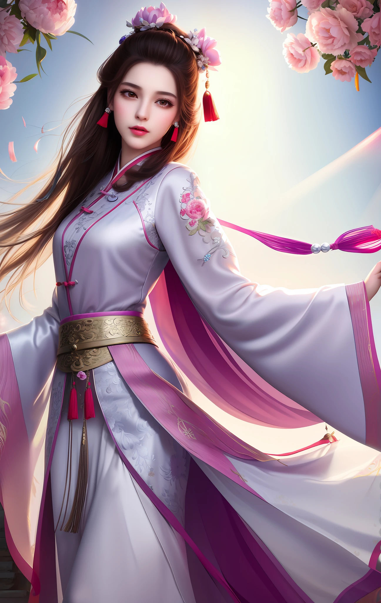 Best quality, masterpiece, large part of the body, (background: garden), 1 girl, mature woman, Chinese style, ancient China, sister, dancer, dark brown hair, dark hair, princess cut, twisted hair, ribbon, light pink lips, calm, intellect, purple eyes, tassel, silver thread, beads, peony flowers, robe, cape, silk skirt, embroidery, delicate face, close-up, light-colored clothing, pretty face, realistic, edge lighting, two-tone lighting, two-tone lighting (High detail skin: 1.2), 8k UHD, SLR, soft light, high quality, photo, high resolution, 4k, 8k, background blur