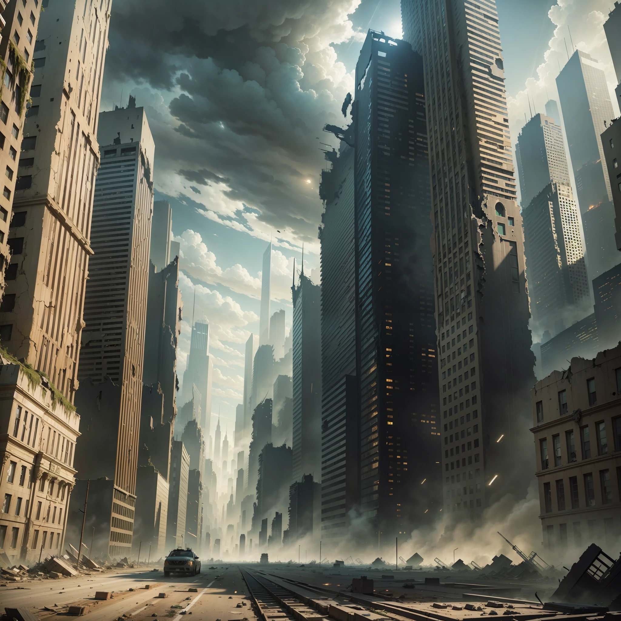A post-apocalyptic metropolis with its destroyed buildings plunged into darkness --auto --s2