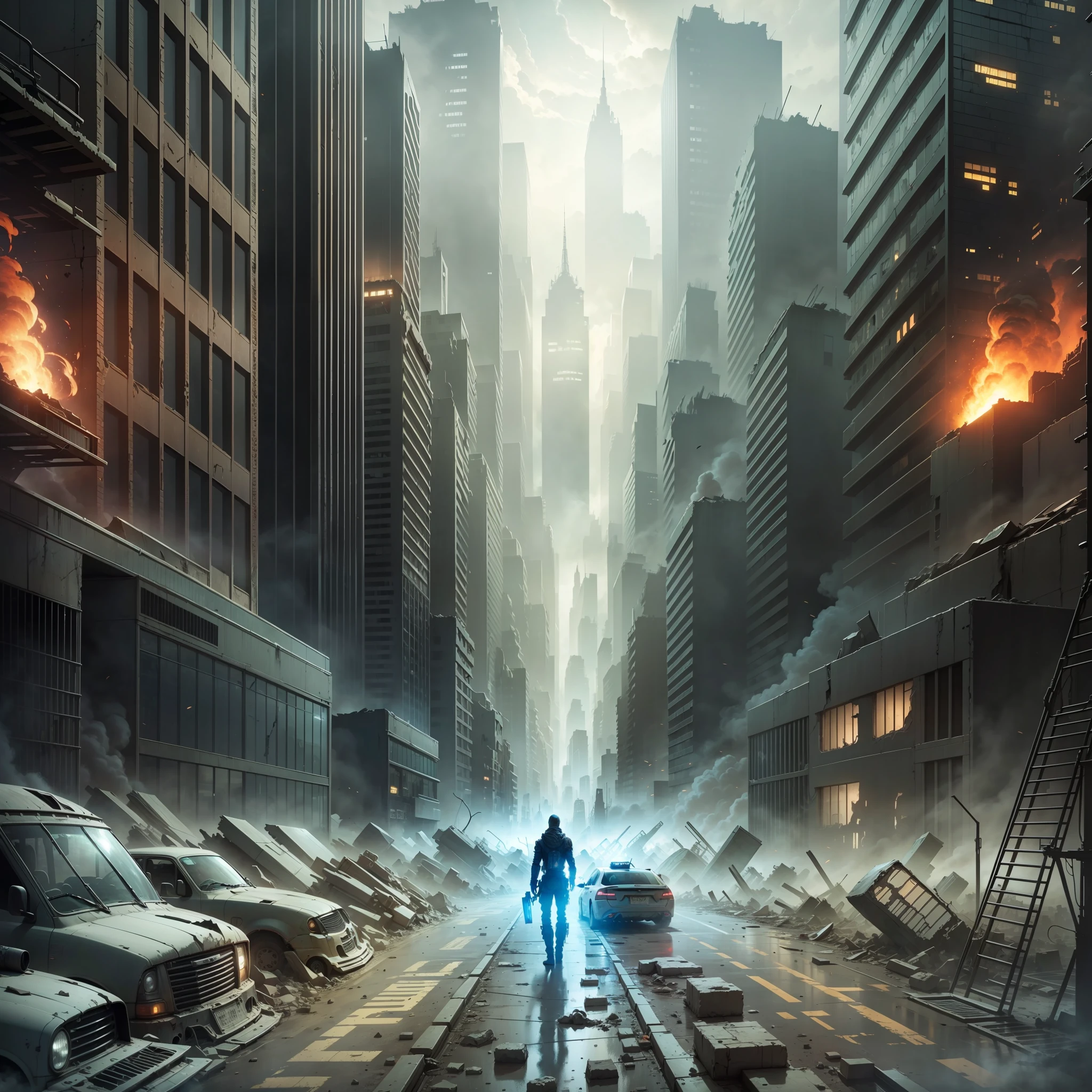 A post-apocalyptic metropolis with its destroyed buildings plunged into darkness --auto --s2