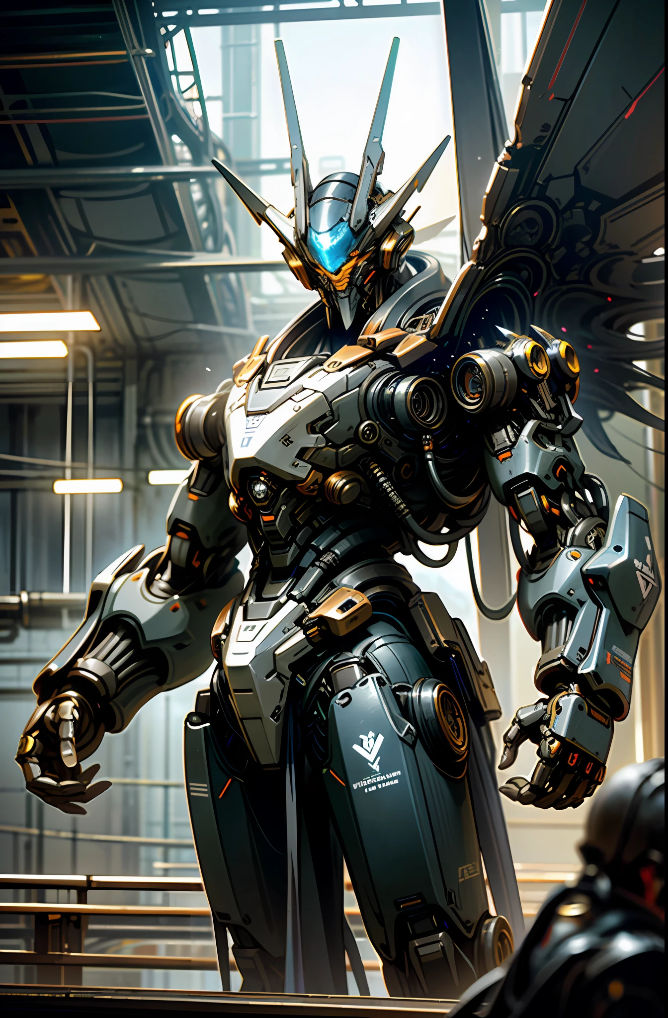Dark_Fantasy, Cyberpunk, (Fri: 1.1), Mechanical Wonders, Giant Robotic Presence, Cybernetic Guardians, Complex, (Steel Metal [Rusty]), Elegant and Clear Focus, Soft Lighting, Vibrant Colors, Masterpieces, Mecha