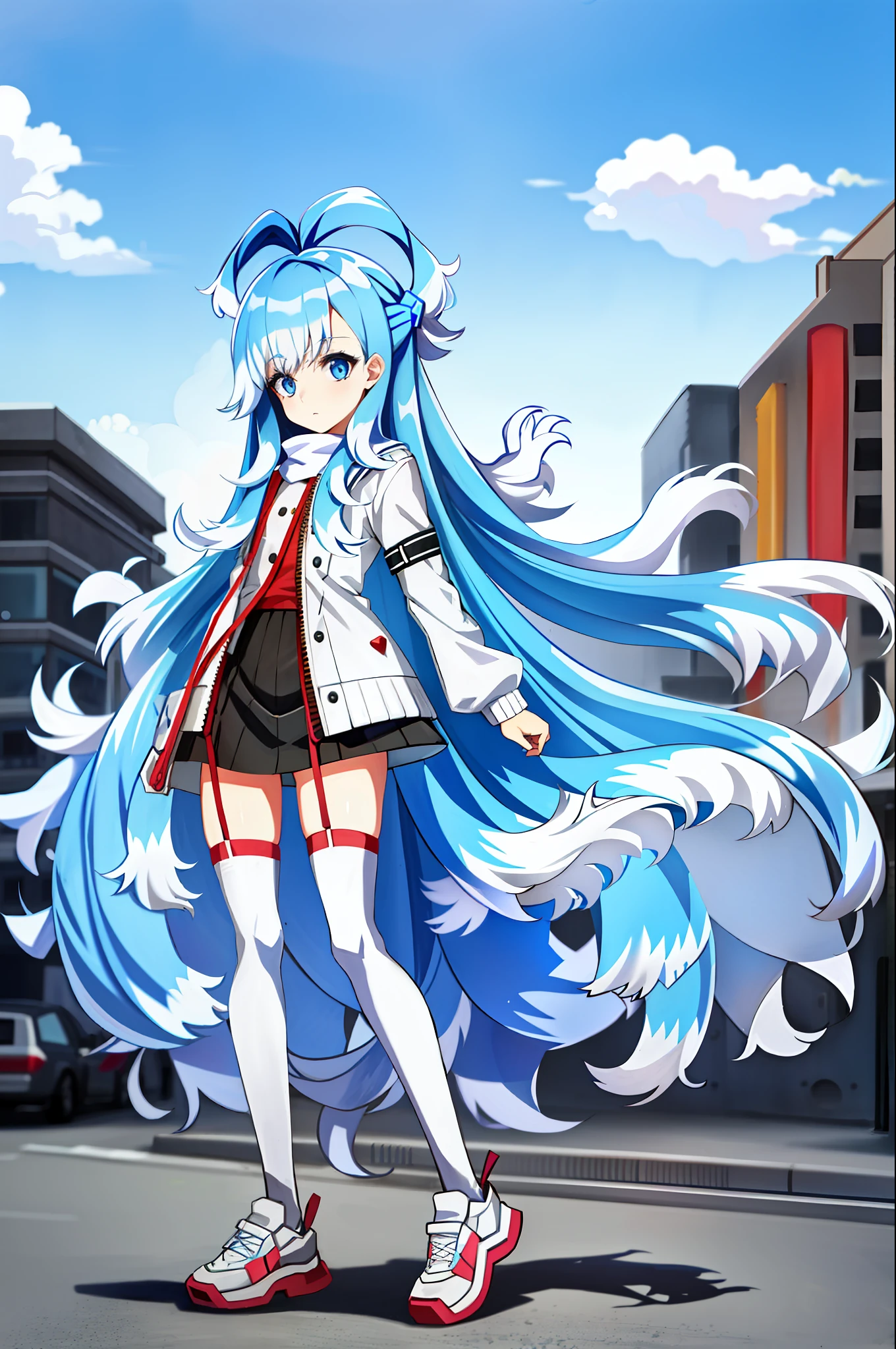 1girl, flat chest, blue hair, long hair, blue eyes, kobo, kanaeru, street background, city, ahoge, white hair tips, full body at full size