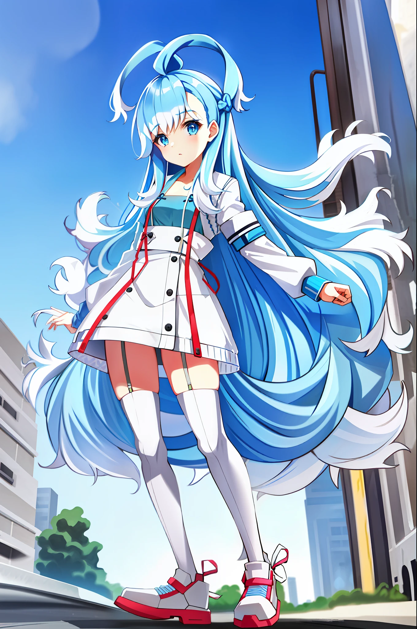 1girl, flat chest, blue hair, long hair, blue eyes, kobo, kanaeru, street background, city, ahoge, white hair tips, full body at full size