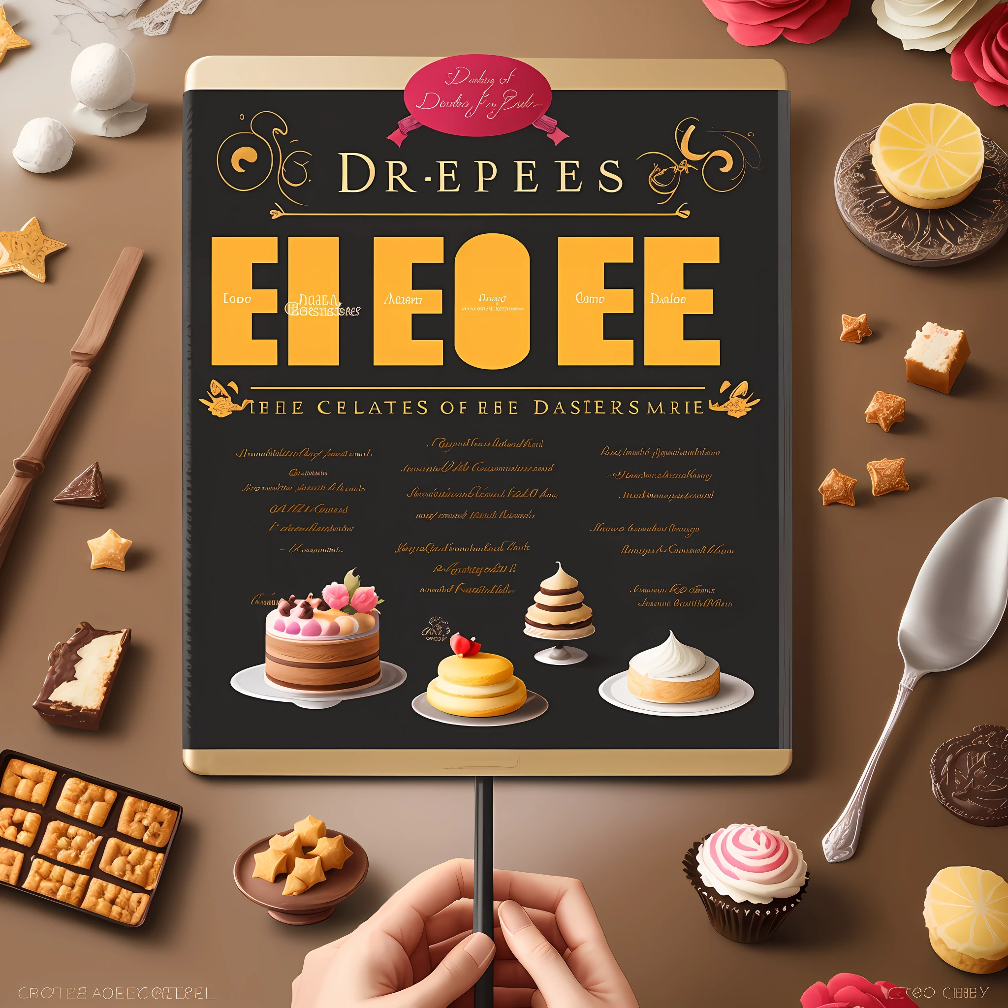 Ebook cover called "Exclusive Desserts: The Art of Creative Confectionery" with eye-catching fonts, with photos of desserts behind it, but with the name highlighted
