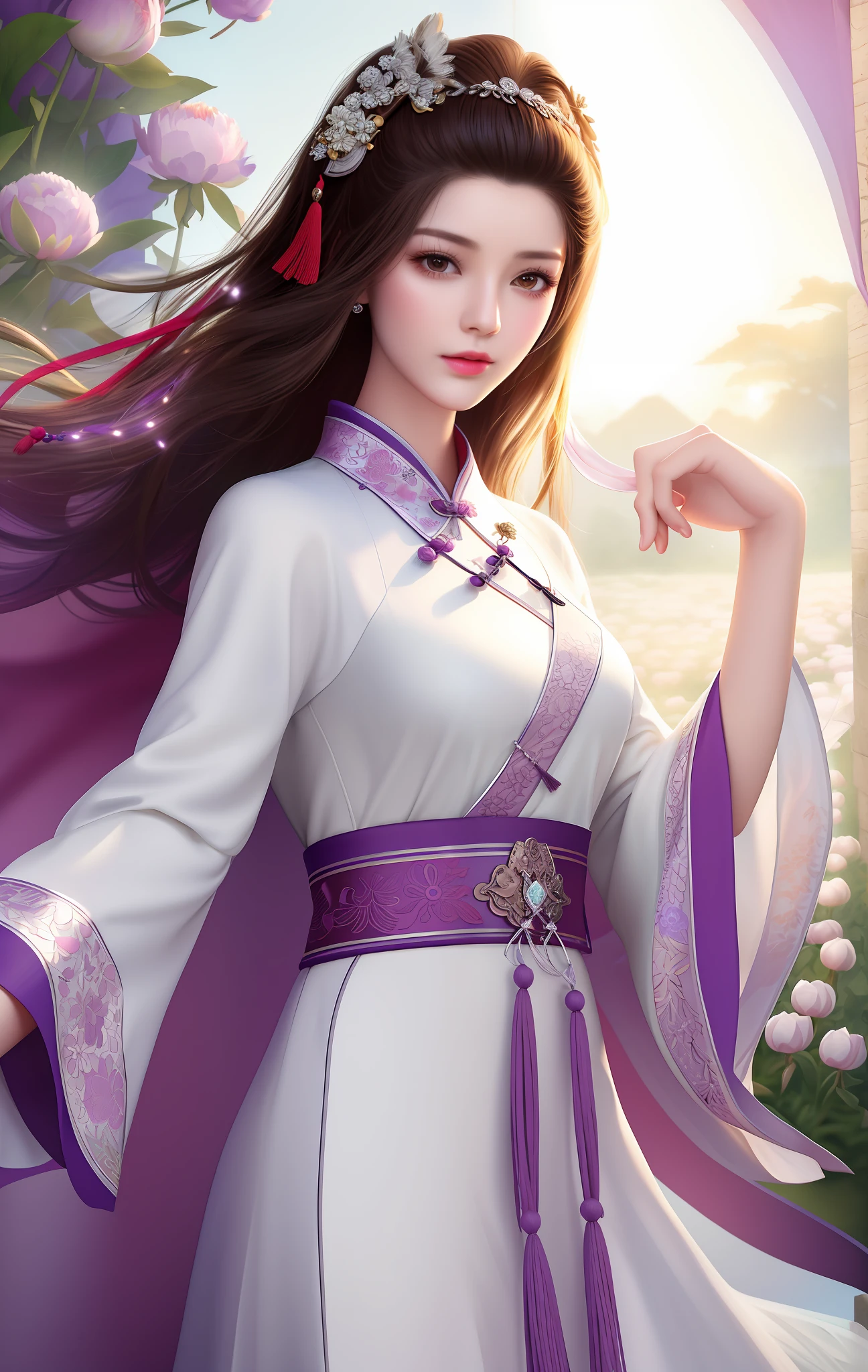 Wear a long skirt,Araved woman with a sword and a flower, full-body xianxia, heise jinyao, Inspired by Li Tang, inspired by Ju Lian, Inspired by Lan Ying, inspired by Li Mei-shu, Inspired by Qiu Ying, Inspired by Cao Zhibai, inspired by Wu Li, bian lian, inspired by Zhou Fang
