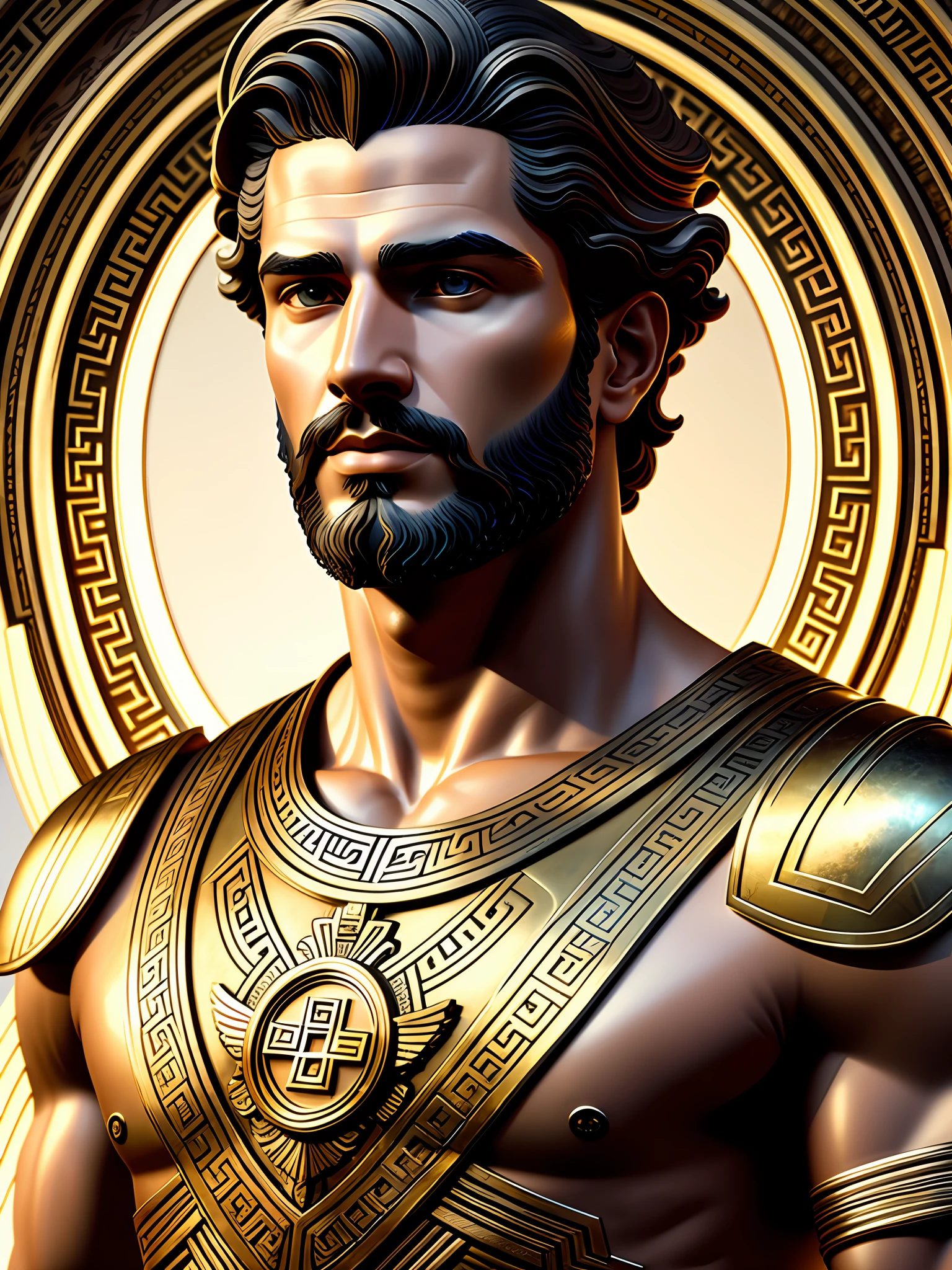 Complete portrait of a Greek god, intricate, symmetrical, elegant, highly detailed, ultrarealistic, photorealistic, Octane Render, 8k, in artgerm style and greg rutkowski and Pino Daeni