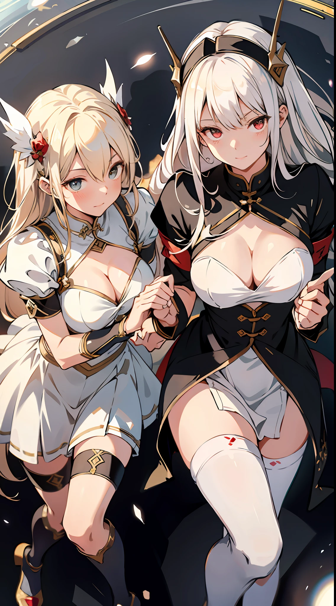 absurd res, high res, (masterpiece:1.4), ultra-detailed, 2girls twin sisters, from above, space, floating, white Chinese dress, white dress, black stockings, light blonde hair, red eyes, hands out of frame, Yandere face, yandere smirk, psychopathic smile, psychopathic smirk, dragon wings, yandere, full body, flying, big breasts, cleavage, Chinese dress, large breasts, focus on cleavage, holding breasts, lifting breasts