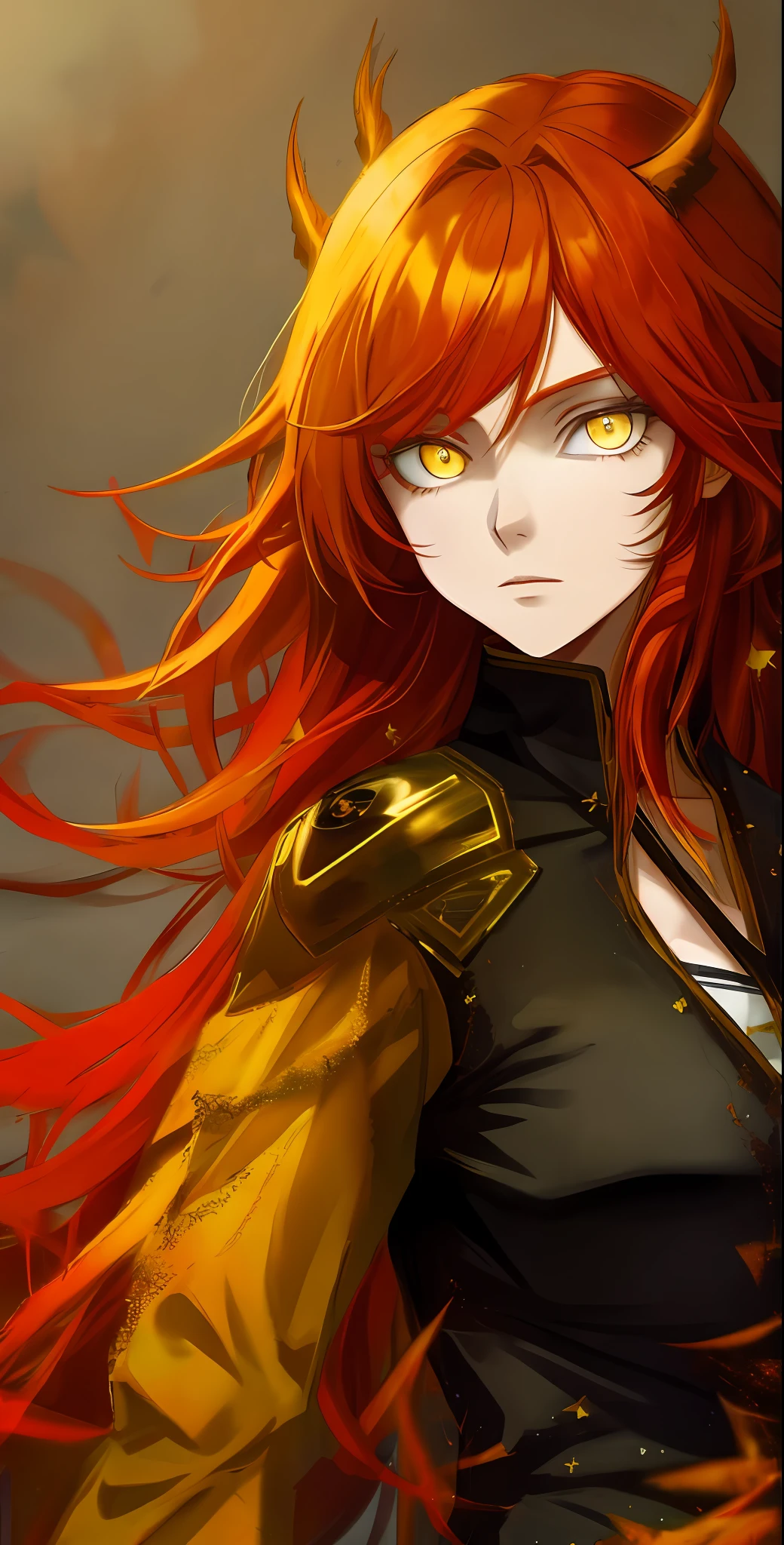 Yellow eyes, red hair, medium breasts