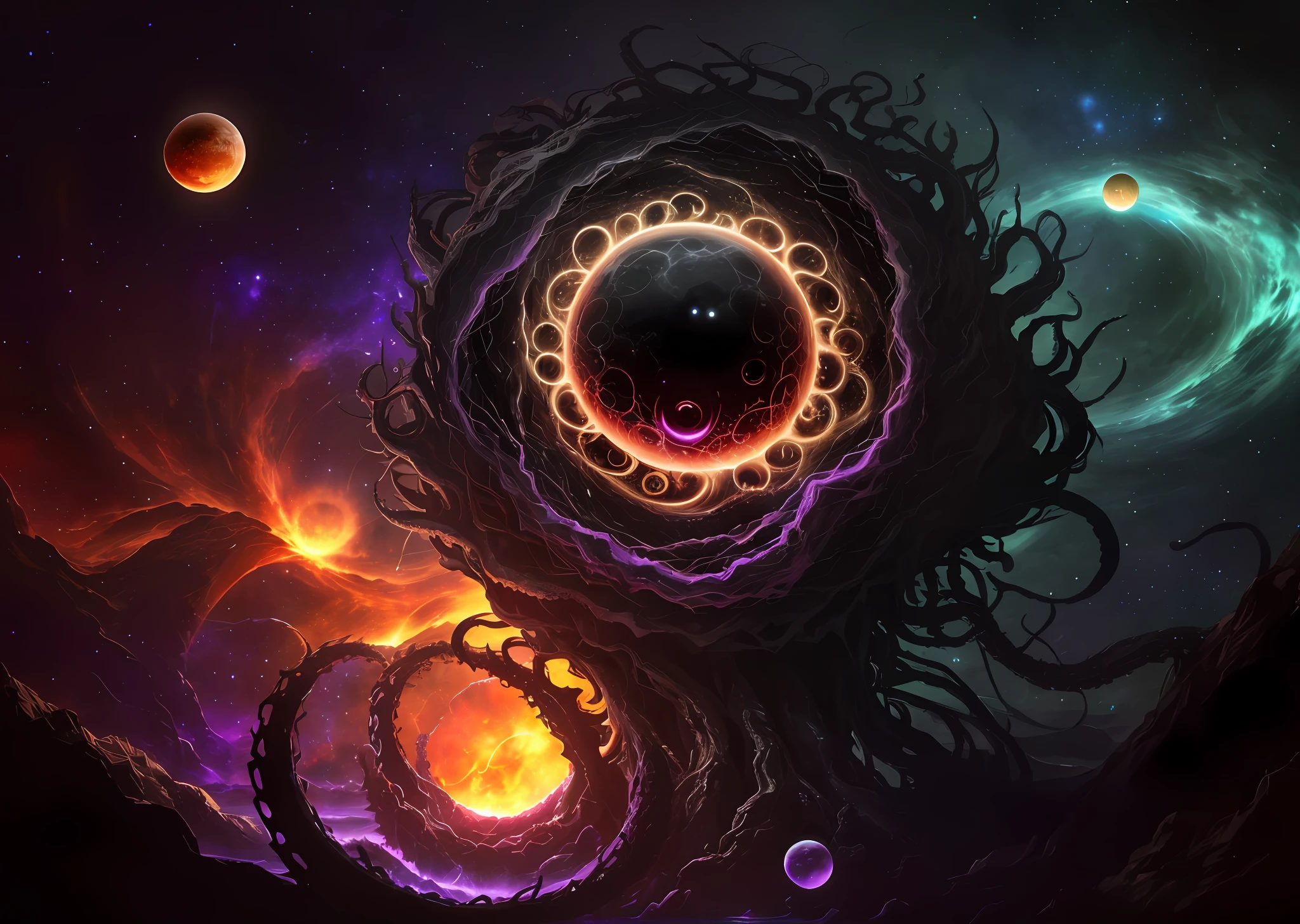 Azathoth, cosmic entity full of teeth, small black eyes, scene of chaos and destruction, cosmic scenery, dark monster full of tentacles by the body, planets around the monster