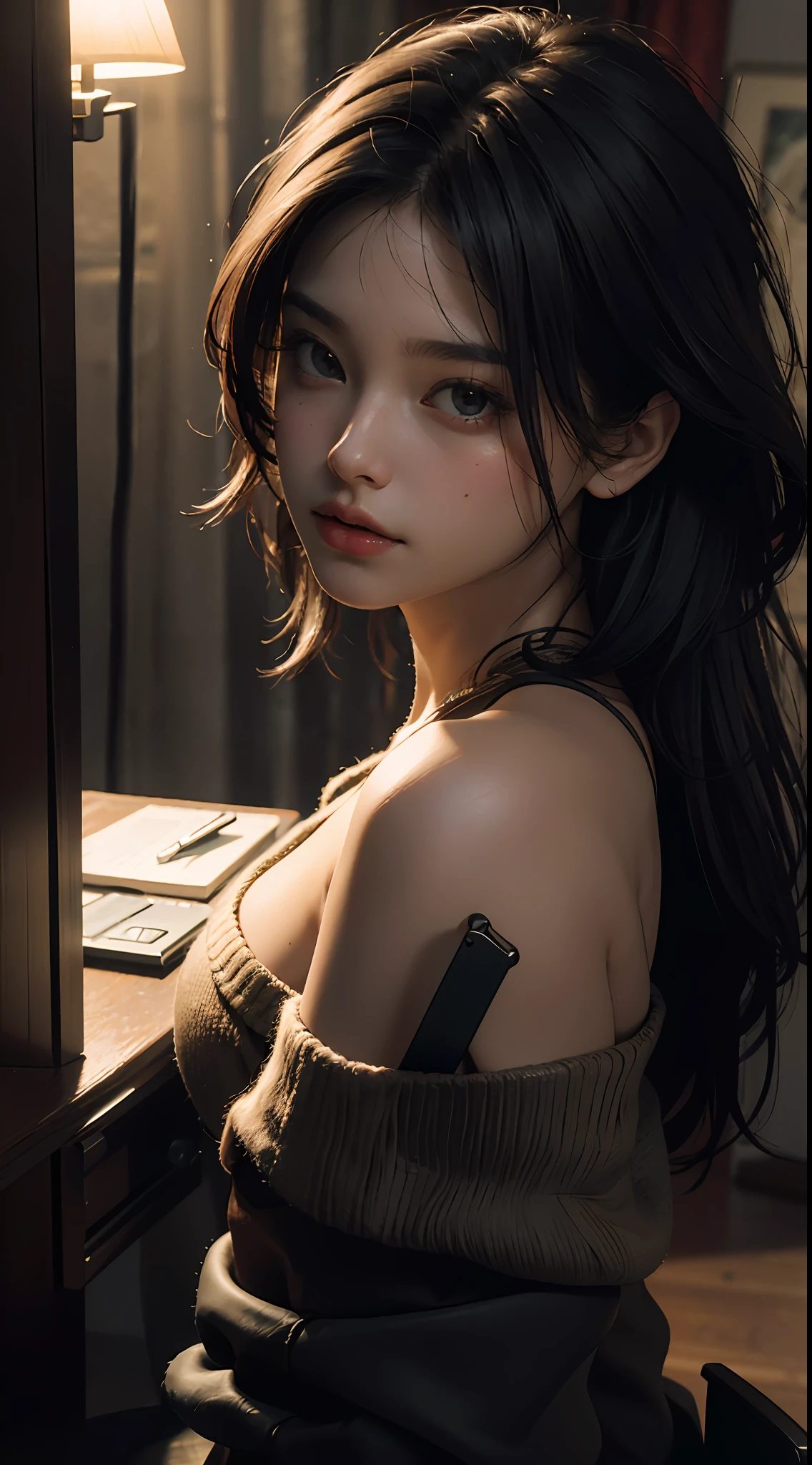 Best quality, masterpiece, ultra high res, (photorealistic:1.4), raw photo, 1girl, off shoulder, cinematic lighting