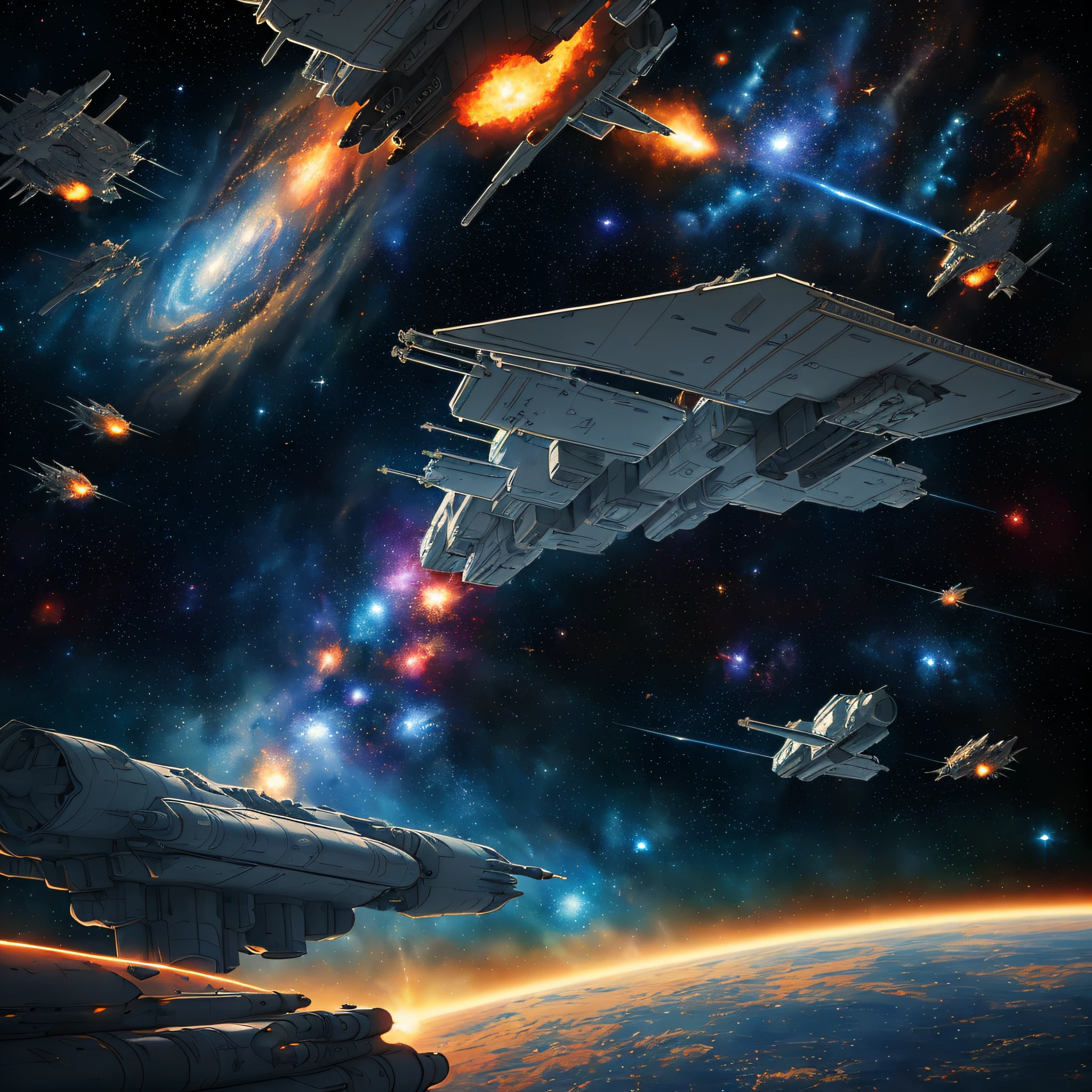 ((best quality)), ((masterpiece)), ((ultra realistic)), beautiful intricately detailed soft oil painting of a scifi space battle, star fighters, huge looming capital ship, lasers, heavy weapons fire, explosions, gas-giant planet background, sea of stars, milkyway, (comic style)