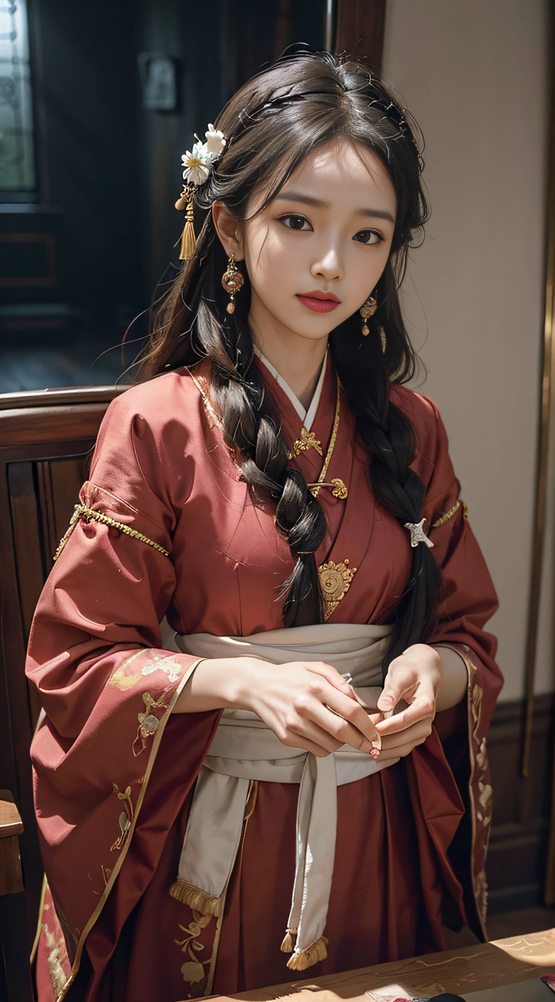 (RAW photo, best quality), a woman, half-body, (Wu Zhaoyi, emperor: 1.2), (ancient architecture: 1.8), (Hanfu, Mingfu, red dress: 1.4), black hair, hair accessories, headbands, hair flowers, hairpins, ribbons, jewelry, clover hair accessories, fish hair accessories, Kanzashi, Paulai's gemstone branch, smile, surrealism, blind box toy style, high detail, concept art, romanticism, op art, action painting, chiaroscuro, depth of field, cinematic lighting, JPEG artifacts, reflected light, ray tracing, perspective, sony fe gm, ultra hd, retina, masterpiece, anatomically correct, ccurate, high quality, high detail, award-winning, 8k