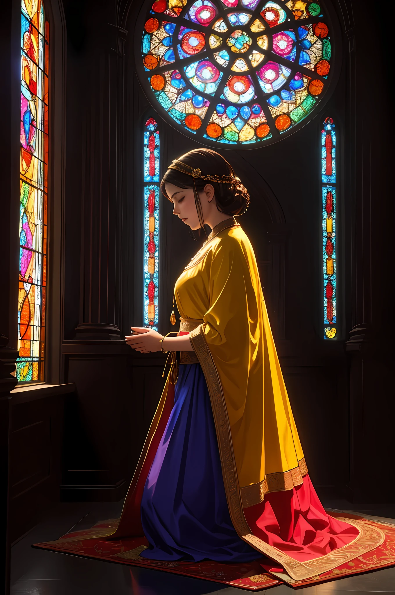 (Masterpiece, Best Quality, Best Quality, Official Art, Beautiful and Aesthetic: 1.2), (Woman in her 40s kneeling and praying: 1.3), 1Female BREAK Stained glass art, colored glass, lead line, light transmittance BREAK Vivid colors, intricate design, luminous effects, spiritual atmosphere, very detailed faces, scenes that look very small from a distance, (hand lowered)