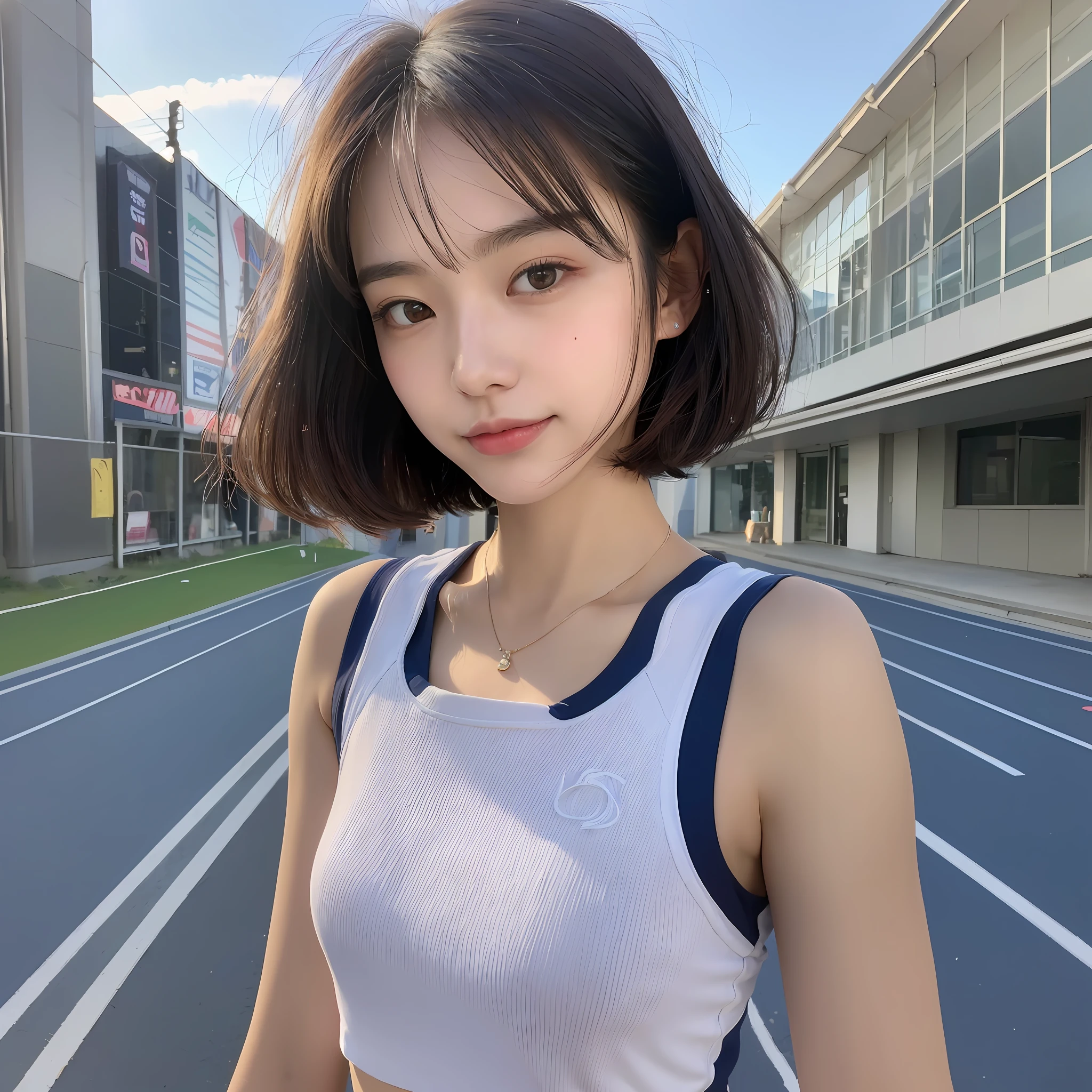 (Masterpiece: 1.2) + (Real + Ultra High Definition + Best Quality: 1.2) + (Japan girls + idol look) + (18 years old + round face + droopy eyes + thin lips + small nose + short bob hair) + (half shy smile: 1.1) + (Fit Sportswear) + (Track Fieldscape) + (professional lighting) + (upper body shooting: 1.1)