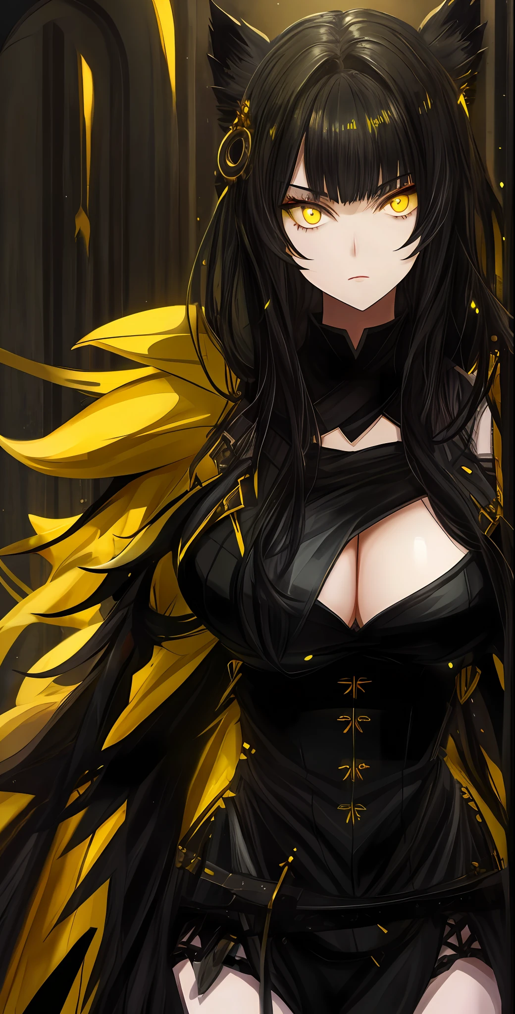 Yellow eyes, black hair, large breasts