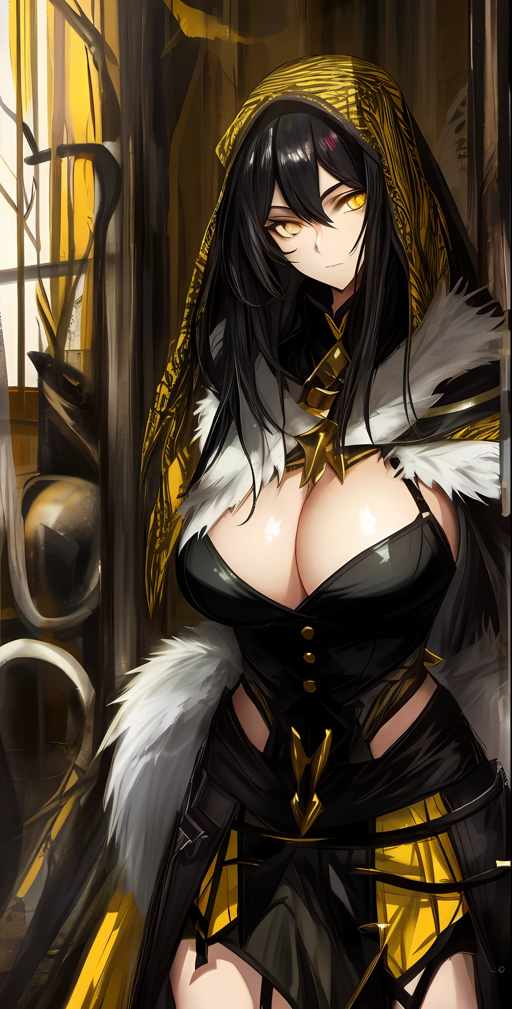 Yellow eyes, black hair, large breasts