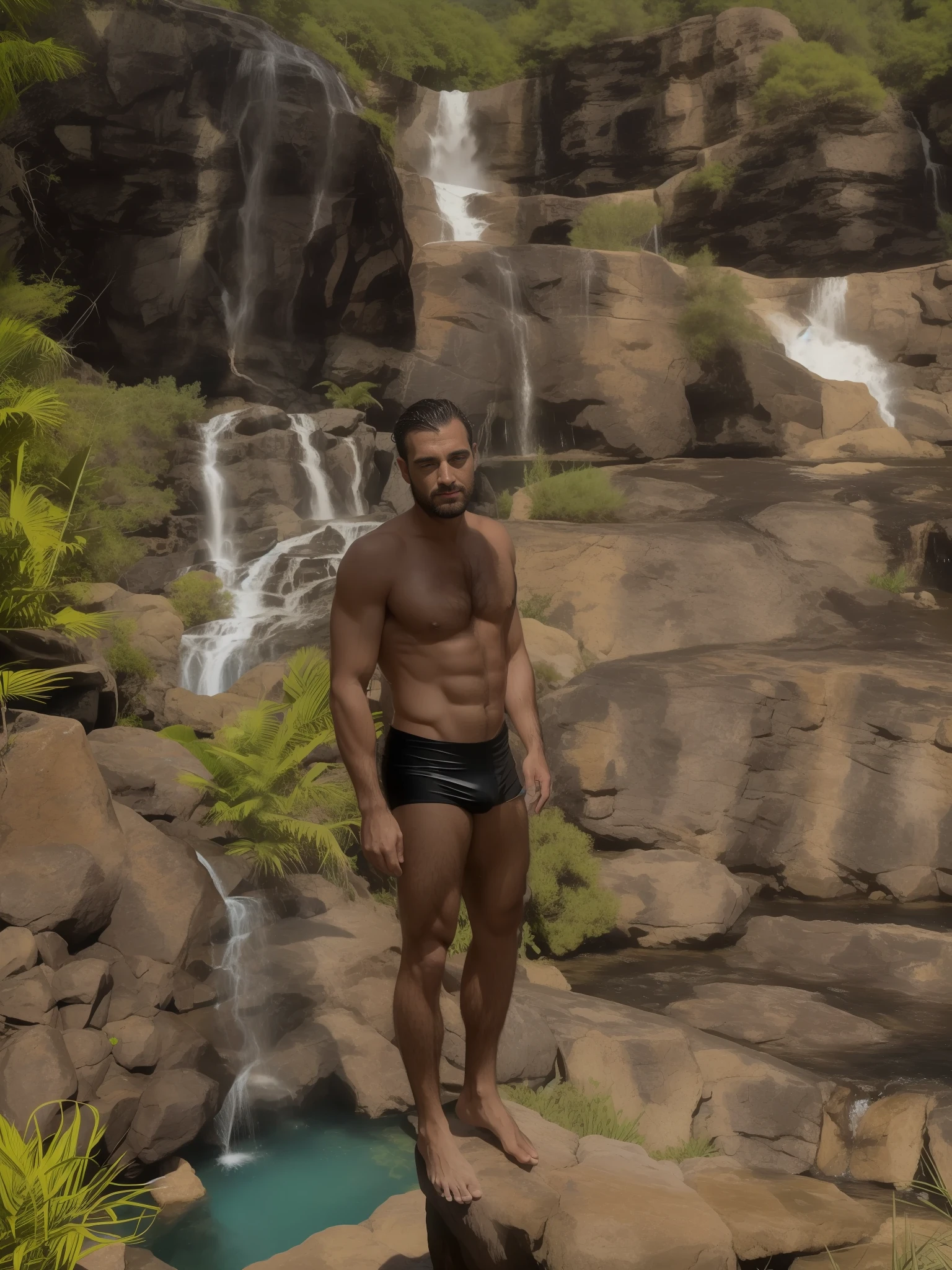 Man in black swimsuit standing on a rock near a waterfall, next to a waterfall, strong hairy body wet, bathing in a waterfall, standing in a waterfall, standing near a waterfall, waterfall in the background, waterfalls in the background, with a waterfall, standing in front of a waterfall --auto --s2